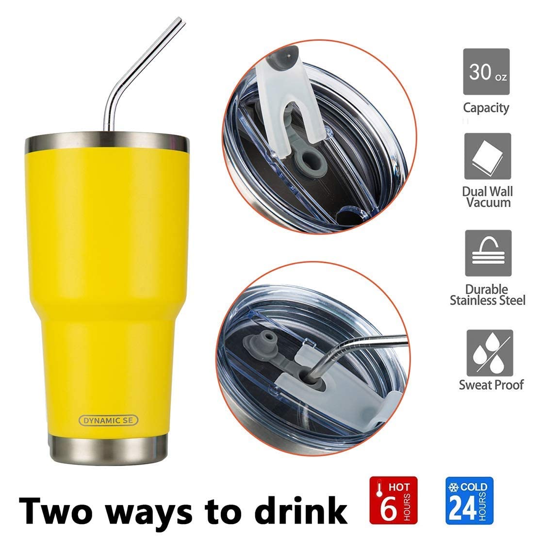 30oz Insulated Stainless Steel Tumbler with Straw Lid & Cleaning Brush - Yellow & Cream Double Wall Vacuum Cup for Hot & Cold Drinks - Perfect for Office, Gym, Travel and Outdoor Activities