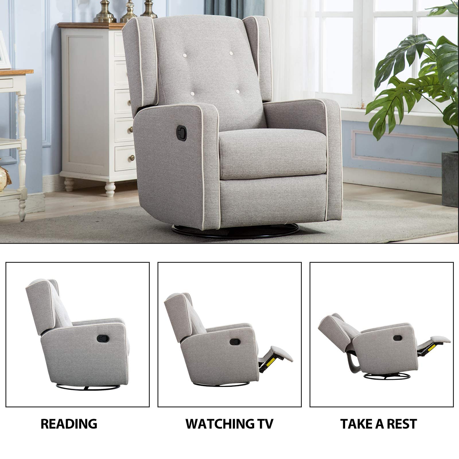 CANMOV Swivel Rocker Recliner Chair - Manual Nursery Glider Rocking Chair with Reclining Function, Soft Gray Upholstery | Perfect for Baby Nurseries, Living Rooms & Breastfeeding Comfort