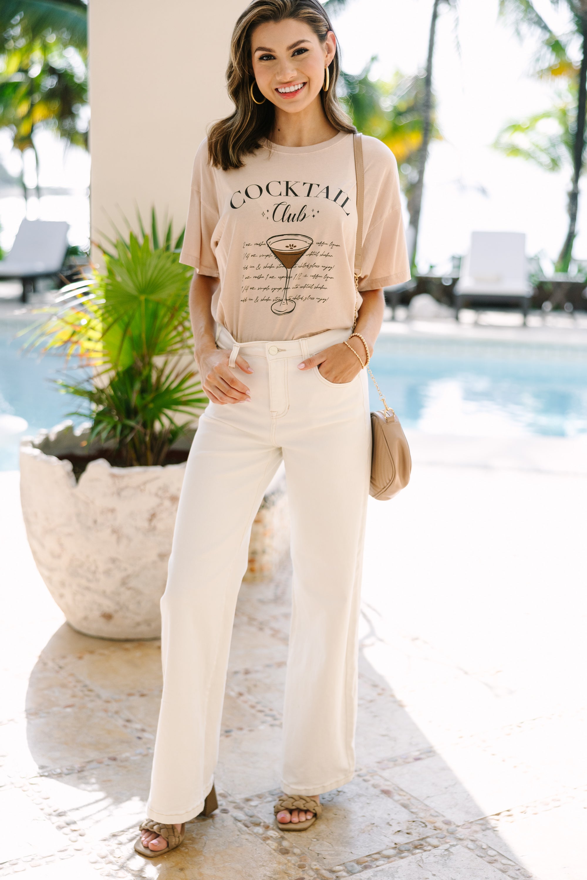 Cocktail Club Beige Graphic Tee - Stylish Casual T-Shirt for Women | Perfect for Parties, Night Out & Everyday Wear