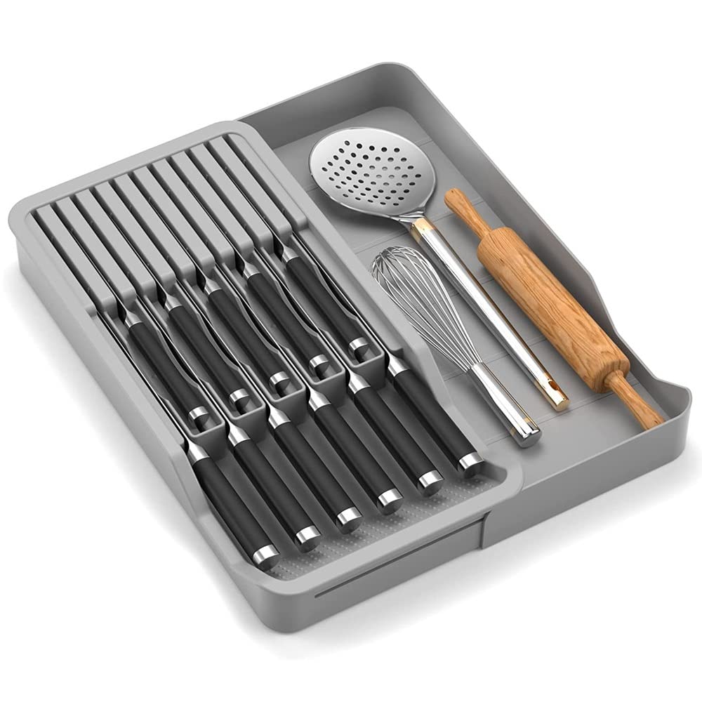 Expandable Knife Organizer for Drawer - Adjustable Knife Block Holder & Secure Storage Tray | Retractable Kitchen Countertop Organizer for Knives, Utensils & Cutlery | Perfect for Home Chefs & Kitchen Organization