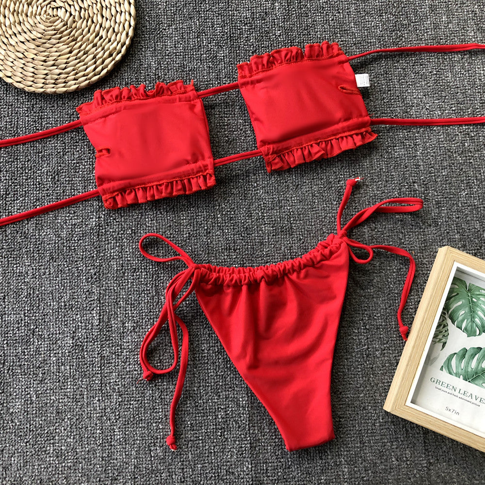 Frill Trim Ruched Bikini Set - Sexy High Waisted Swimwear for Women, Summer Beach Vacation Two Piece Swimsuit with Adjustable Straps | Perfect for Pool Party, Tropical Getaway & Instagram Photos