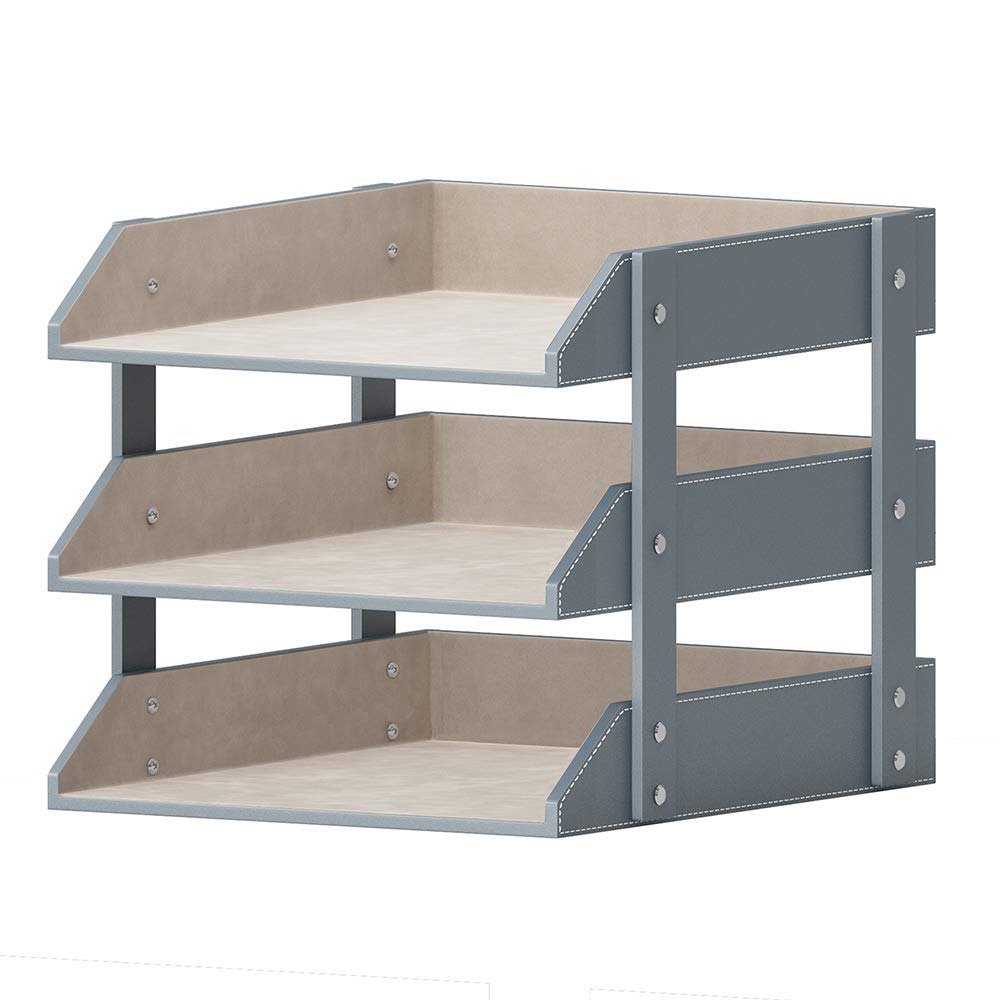 Premium Leather Desk Organizer - 3-Tier Stackable Letter Tray for Office Supplies, Files, Magazines & Paperwork | Modern Desktop Organization Solution for Home & Office (Grey, 3-Tier) | Perfect for Workspace Decluttering & Productivity Boost