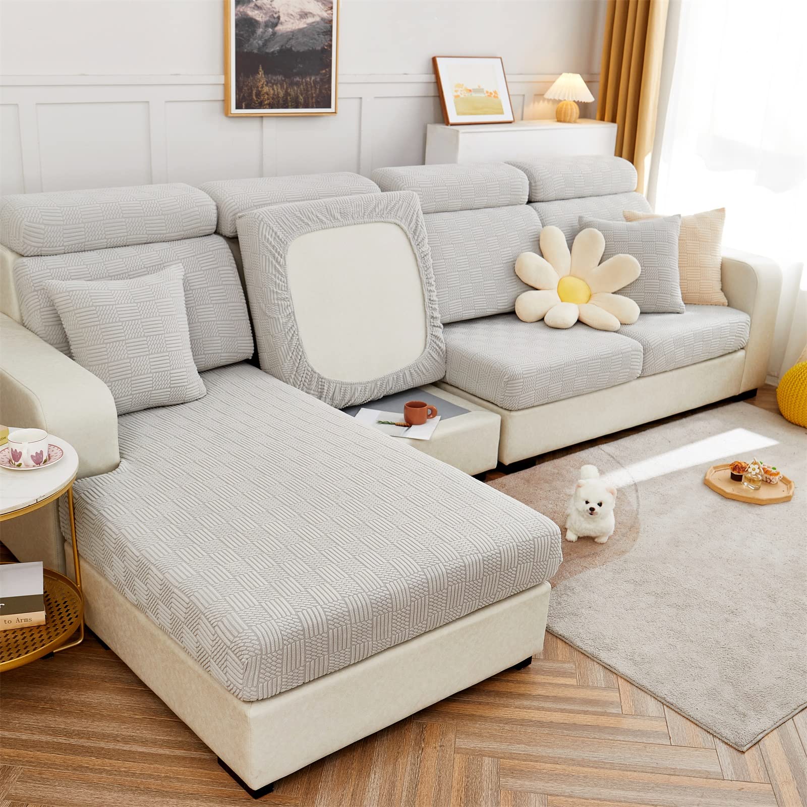 Elastic L-Shaped Sectional Sofa Slipcover with Chaise Lounge Cover - Couch Cushion Protector for Living Room Furniture (62-74 Inch Length, 35-43 Inch Width, Grey & White) - Perfect for Pet Owners & Family Gatherings