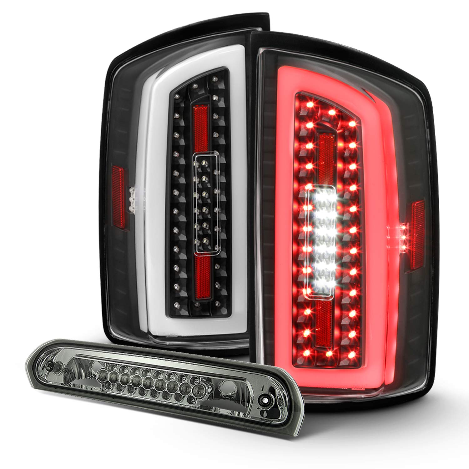 AKKON Full LED Tube Bar Black Tail Lights Brake Lamp + 3rd Brake Light Pair for 2007-2009 Dodge Ram 1500 2500 3500 - Durable Replacement for Enhanced Visibility & Style (Perfect for Night Driving, Off-Roading & Truck Customization)
