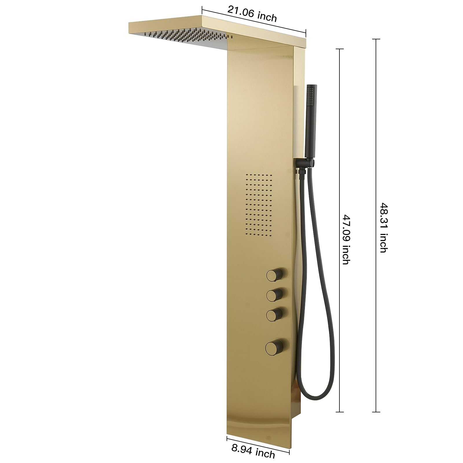 BWE 3-in-1 Stainless Steel Shower Panel Tower System with Rainfall Shower Head, Handheld Shower & Body Jets - Brushed Gold Finish | Perfect for Luxury Bathrooms, Spa-Like Experience & Modern Home Upgrades