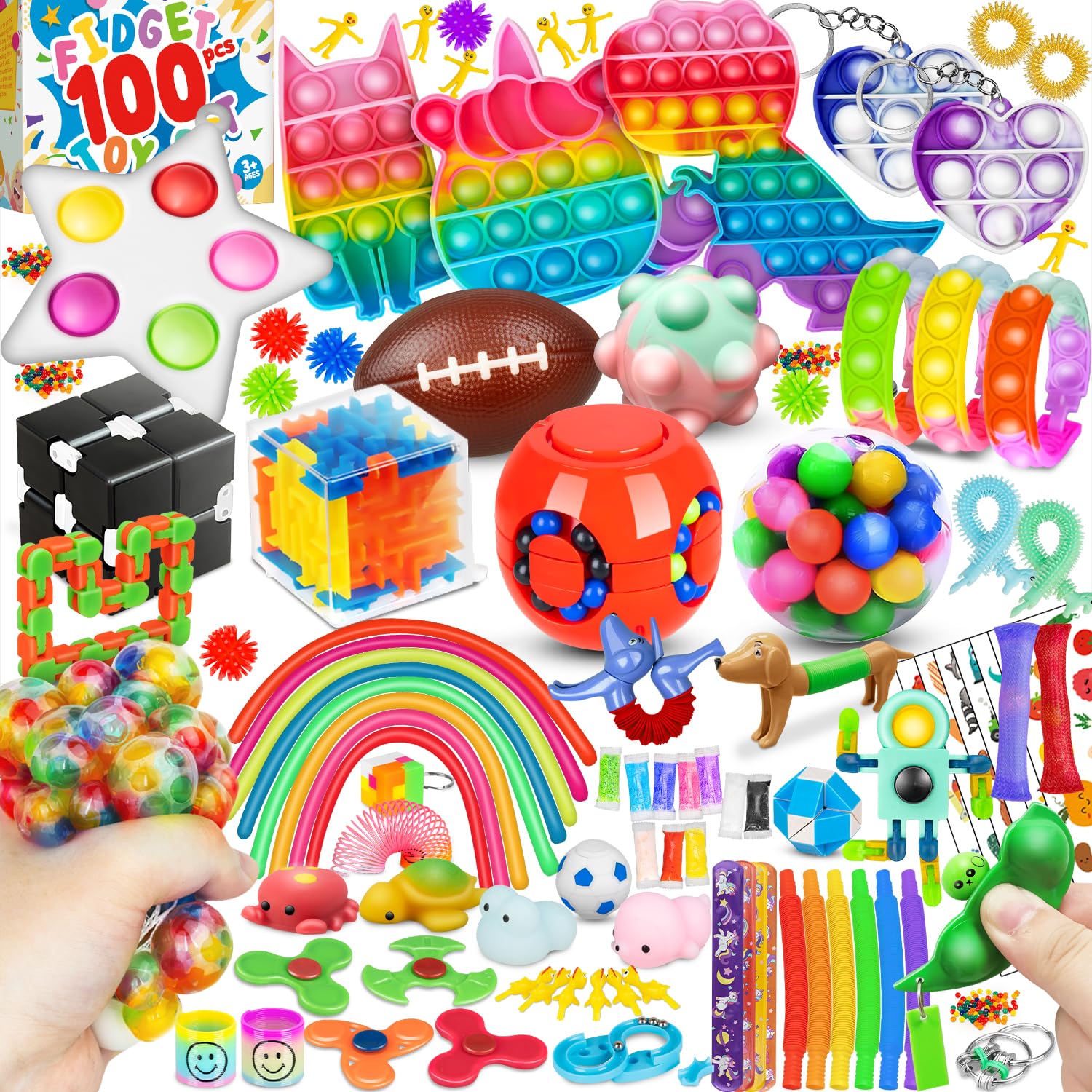 100-Piece Fidget Toys Bulk Pack - Sensory Stress Relief Toys for Kids, Adults, ADHD & Autism - Perfect for Classroom Prizes, Party Favors, Carnival Games & Anxiety Relief Tools - Great for Home, Office & School Use