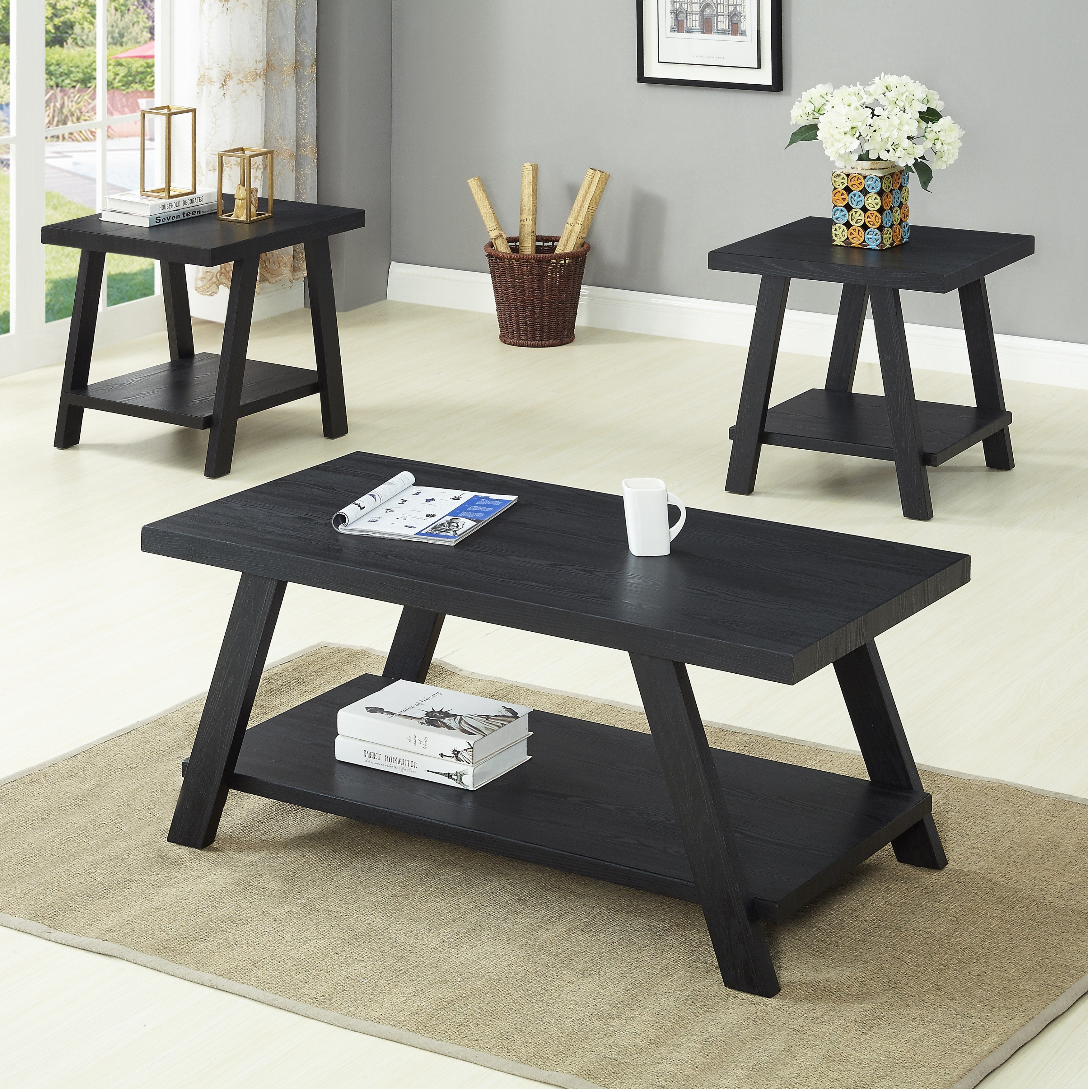 Roundhill Furniture Athens Contemporary Replica Wood Coffee Table Set - Black Finish - Modern Living Room & Office Decor