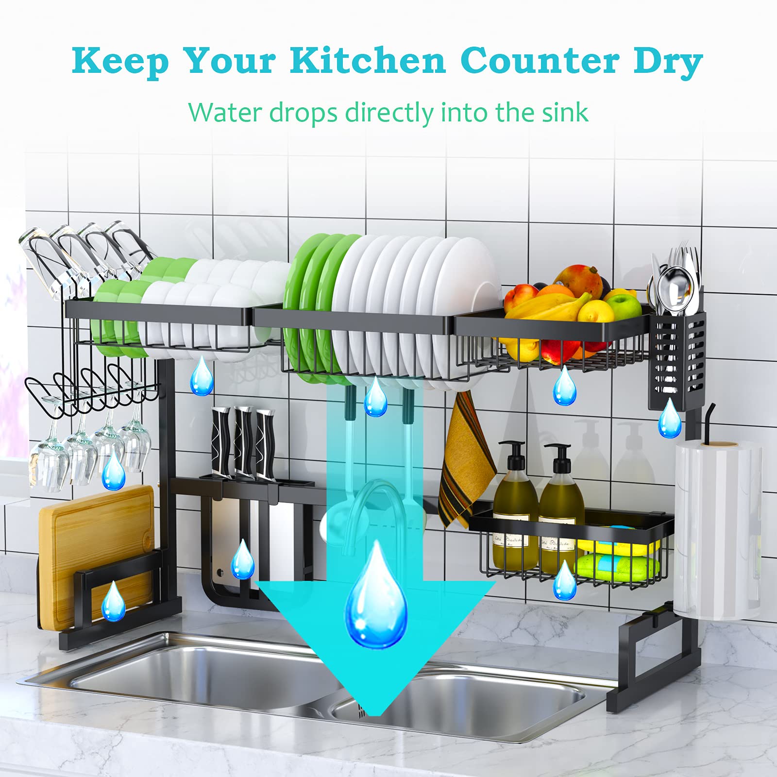Stainless Steel Over The Sink Dish Drying Rack - Adjustable 33'' to 40'' 2-Tier Large Kitchen Organizer with Utensil Holder | Space Saving Tableware Drainer for Countertop & Small Kitchen Storage | Perfect for Drying Dishes, Cups, and Cooking Tools