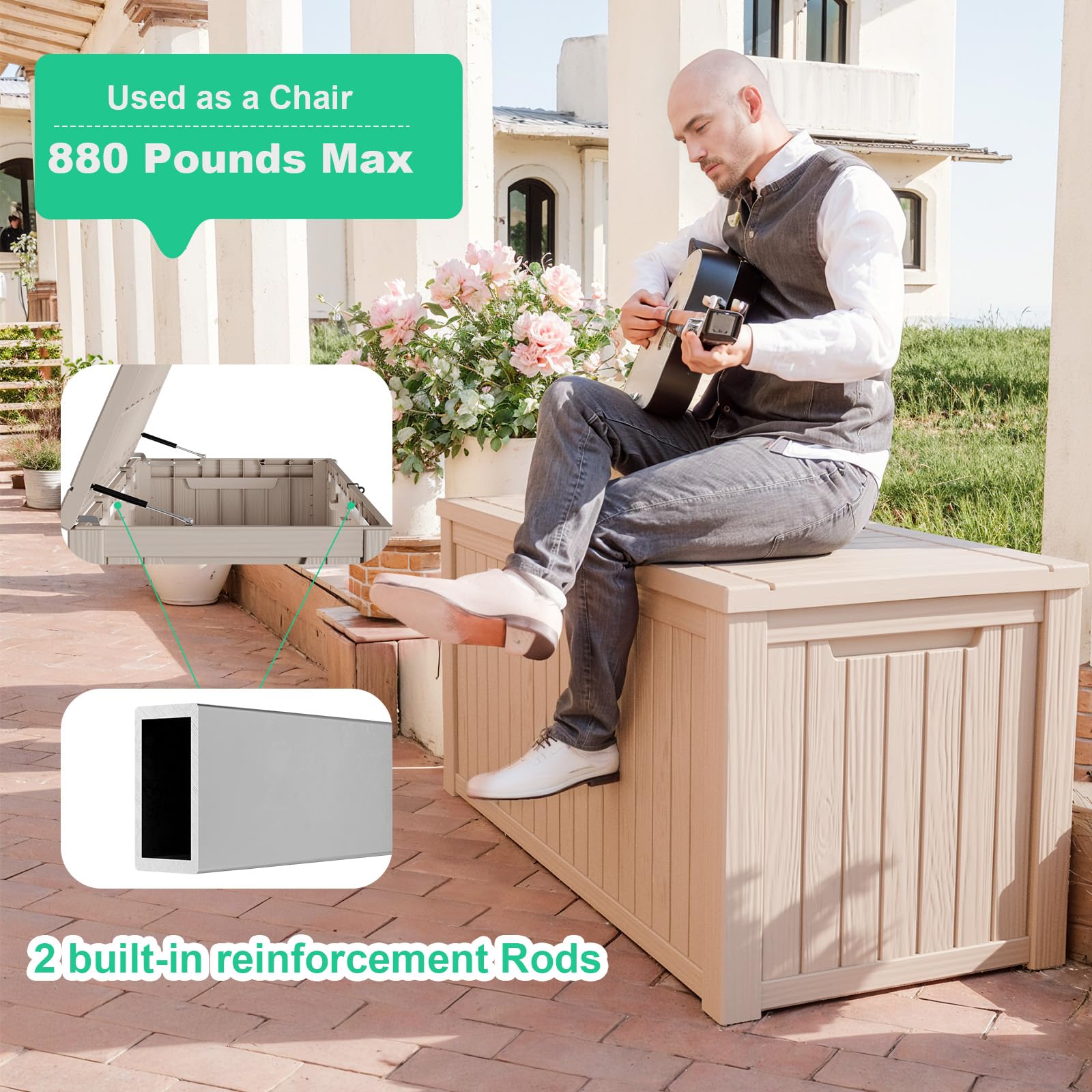 ROJIK 180 Gallon Outdoor Storage Deck Box - Waterproof Patio Furniture Cover, Garden Tool Organizer, Pool Accessories & Cushion Storage Bench with Lockable Lid & Side Handles (Cappuccino) - Perfect for Backyard, Garden, Poolside & Deck Organization