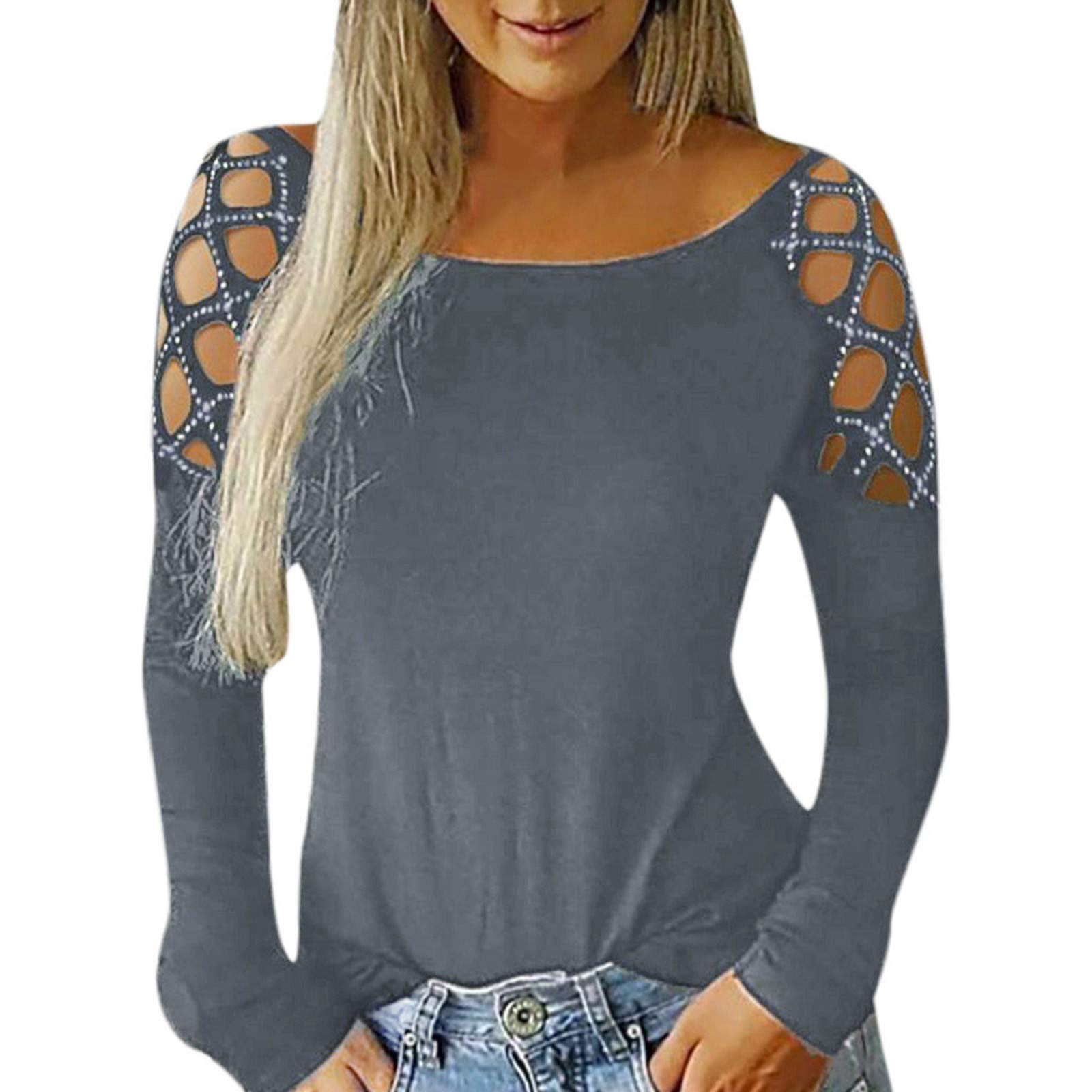 Women's Long Sleeve Cotton Shirts - Fashion Casual Studded Sleeve Hollow-Out Tops with V-Neck | Perfect for Everyday Wear, Office Outfits & Date Nights