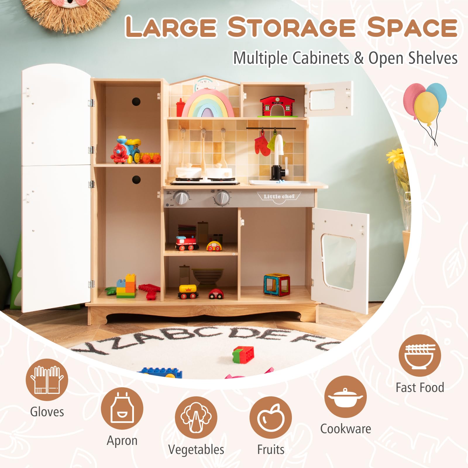 Costzon Wooden Kids Kitchen Playset with Light & Sound - Pretend Play Kitchen Toy for Toddlers Age 3+ | Includes Microwave, Oven, Sink, Ice Maker & Cooking Accessories | Perfect Gift for Boys & Girls - Great for Imaginative Play & Early Learning