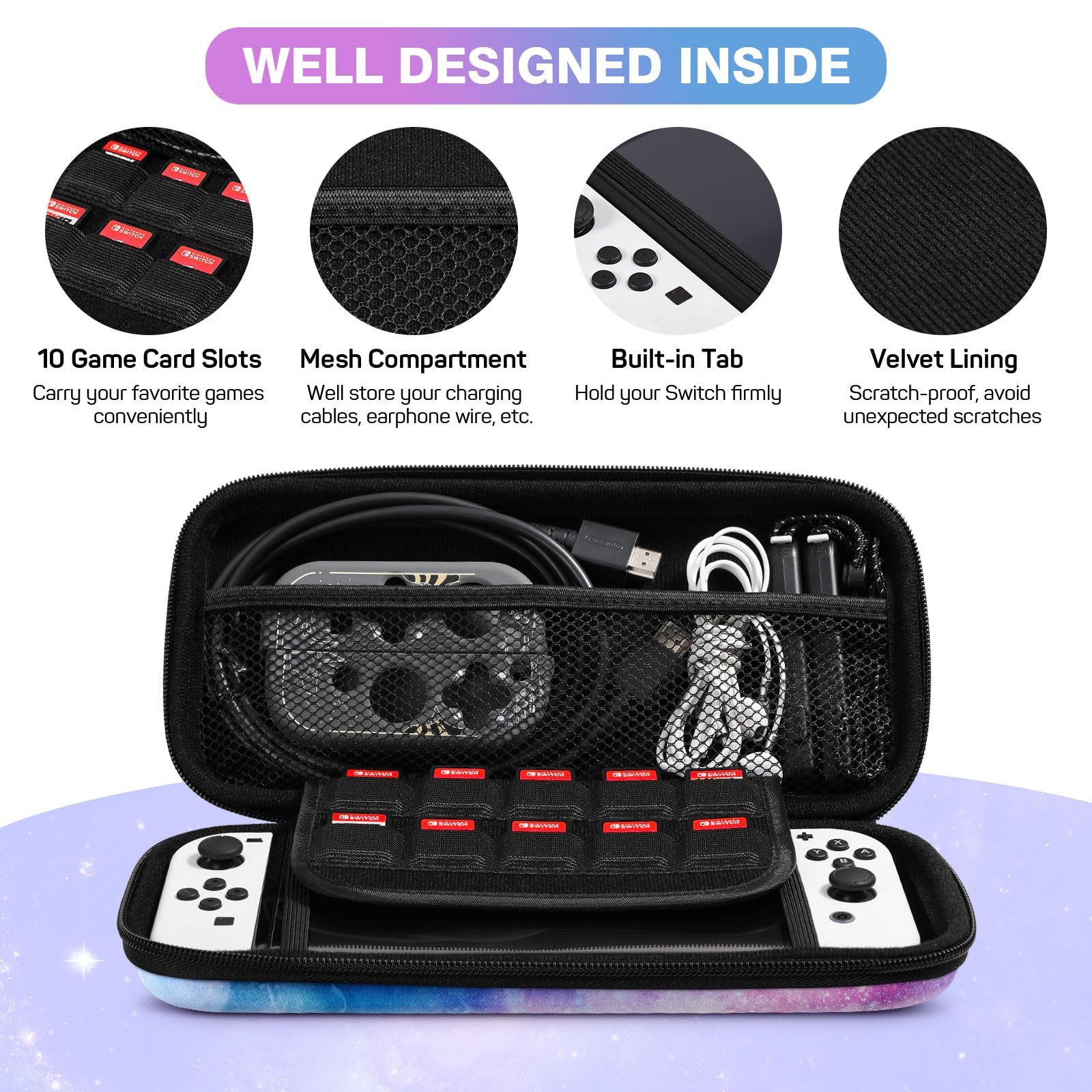 Moko Hard Shell Travel Carrying Case Compatible with Nintendo Switch OLED & Nintendo Switch - Portable Protective Storage Bag for Switch Accessories (Blue Pink) - Perfect for Travel, Commuting, and Gaming On-The-Go
