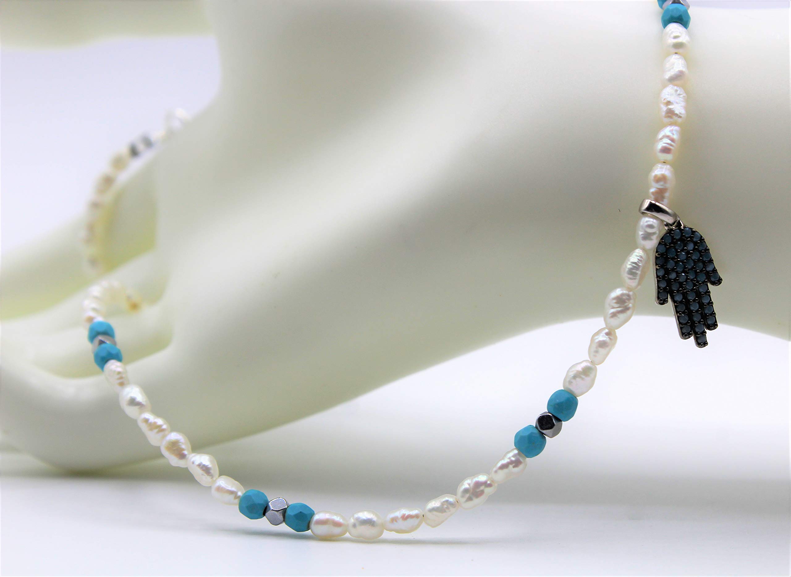 Elegant Turquoise & Pearl Hamsa Necklace - Delicate Evil Eye Protection Amulet Jewelry for Women | Perfect for Spiritual Protection, Boho Fashion & Gift Giving