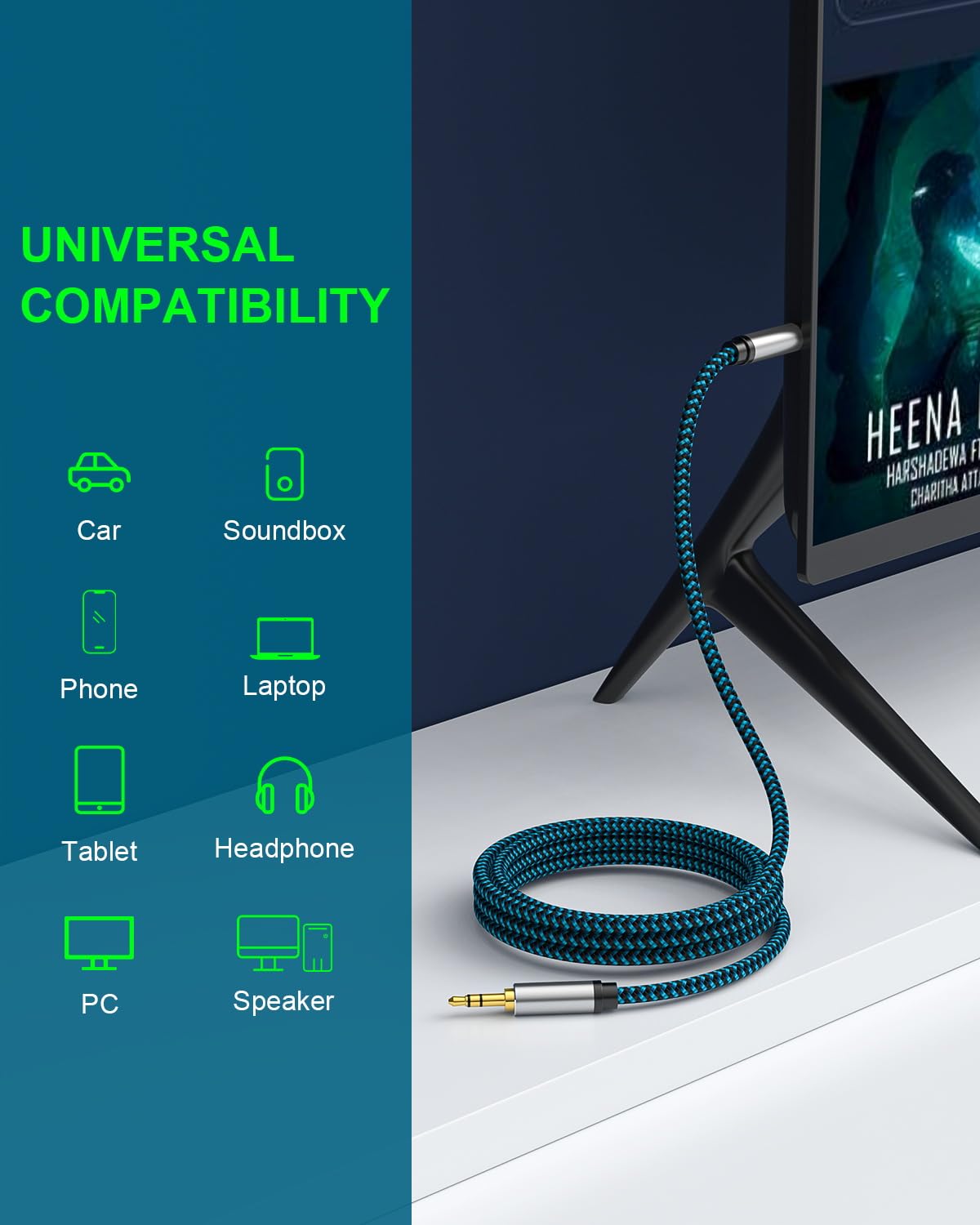 10ft Nylon Braided 3.5mm Aux Cable - Male to Male Audio Cable for Car Stereo, Headphones, Speakers & Tablets | Durable Audio Connector for Home, Office & Travel Use