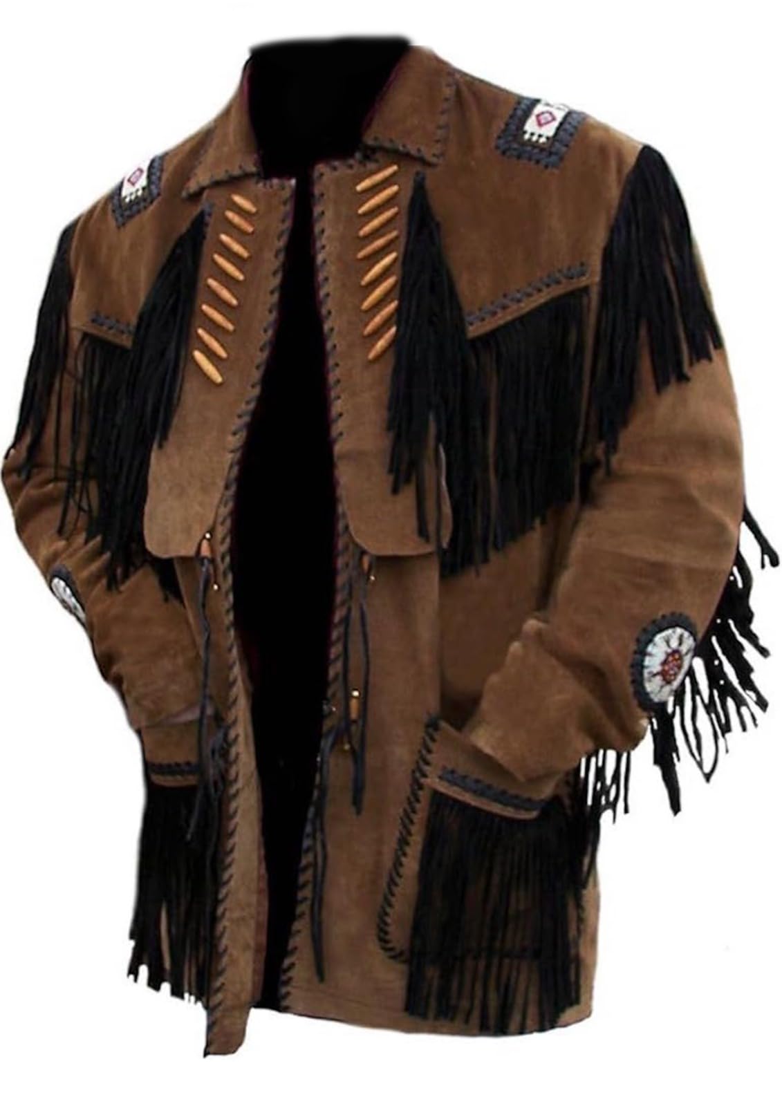 Classic Men's Cowboy Western Suede Fringe Jacket with Beaded & Bone Decorations - Vintage Rodeo Style Coat for Country Music Festivals & Western Parties