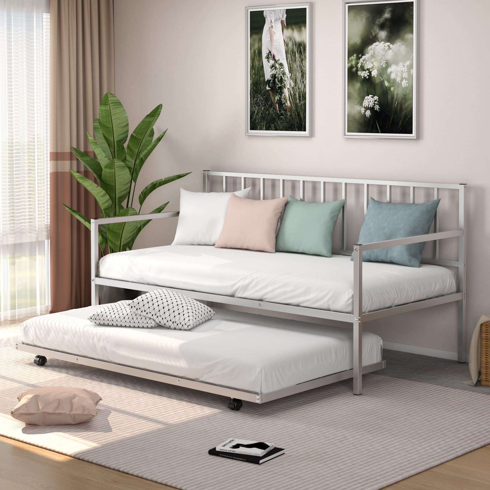 KOMFOTT Twin Daybed with Trundle - Sturdy Metal Bed Frame Set with Wheels & Slat Support, No Box Spring Needed - Perfect Sofa Bed for Living Room, Guest Room & Small Spaces (Space-Saving Design for Overnight Guests & Multi-Functional Use)
