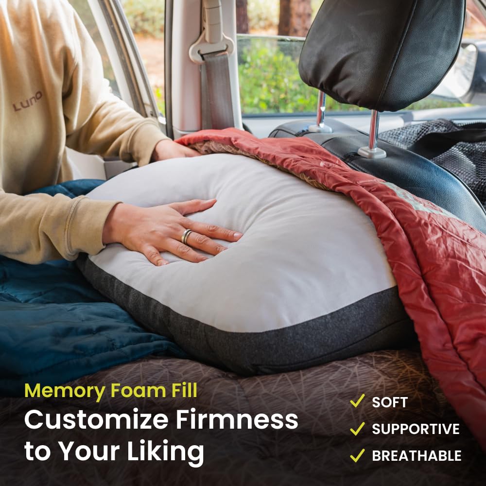 Luno Camping Pillow - Ultra Lightweight & Packable Travel Pillow with Shredded Memory Foam for Neck Support | Perfect for Camping, Hiking, Airplane & Car Travel