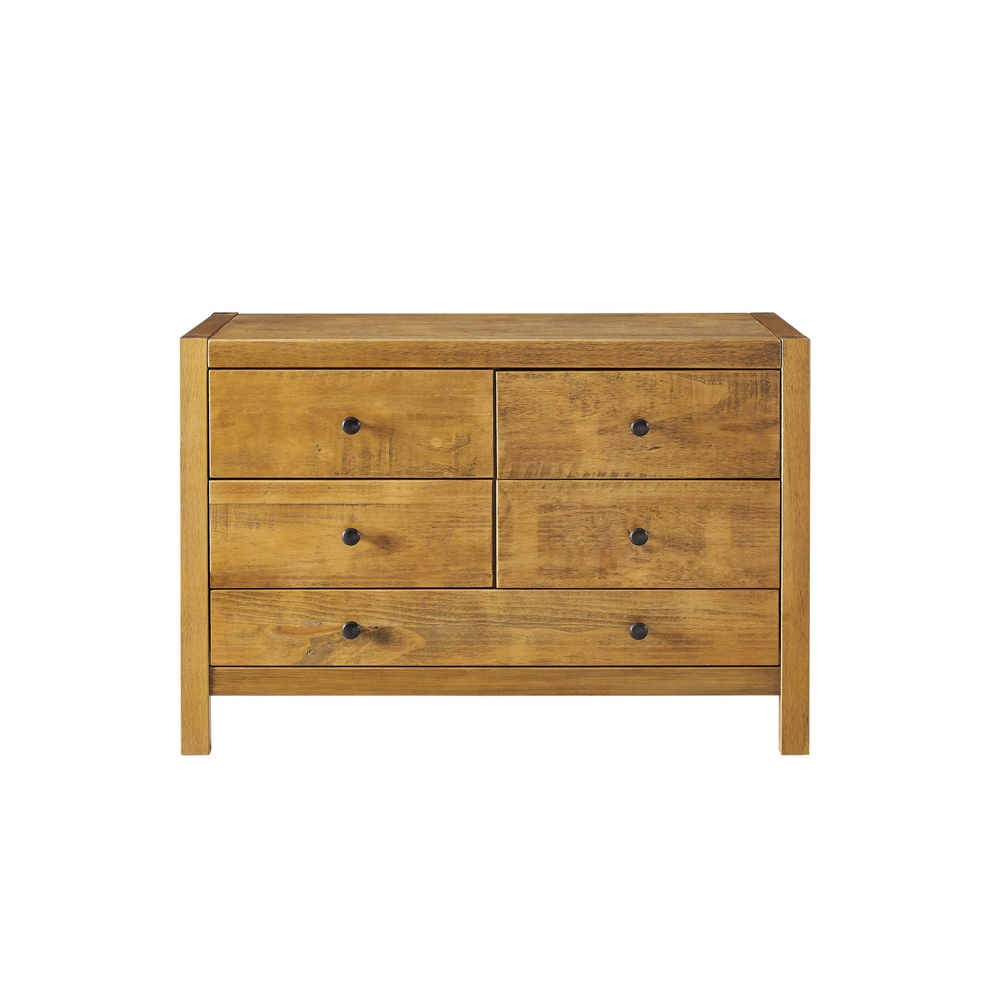 Rustic 5-Drawer Wood Dresser with Round Metal Knobs - Oak Finish Nightstand for Bedroom Storage | Farmhouse Bedside Table for Home Decor & Organization