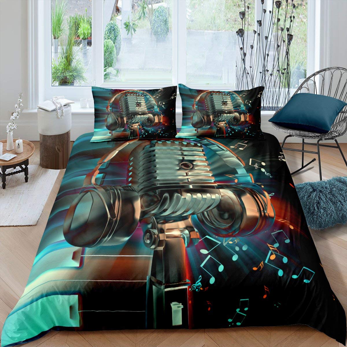 Erosebridal Music Themed Bedding Set - Twin Size Duvet Cover with Musical Notes, Headphones, and Microphone Design - Blue Quilt Cover with Zipper for Kids, Boys & Teens - Perfect for Rock & Hip Hop Fans' Bedroom Decor - Great Gift for Music Lovers & Teen Room Makeover