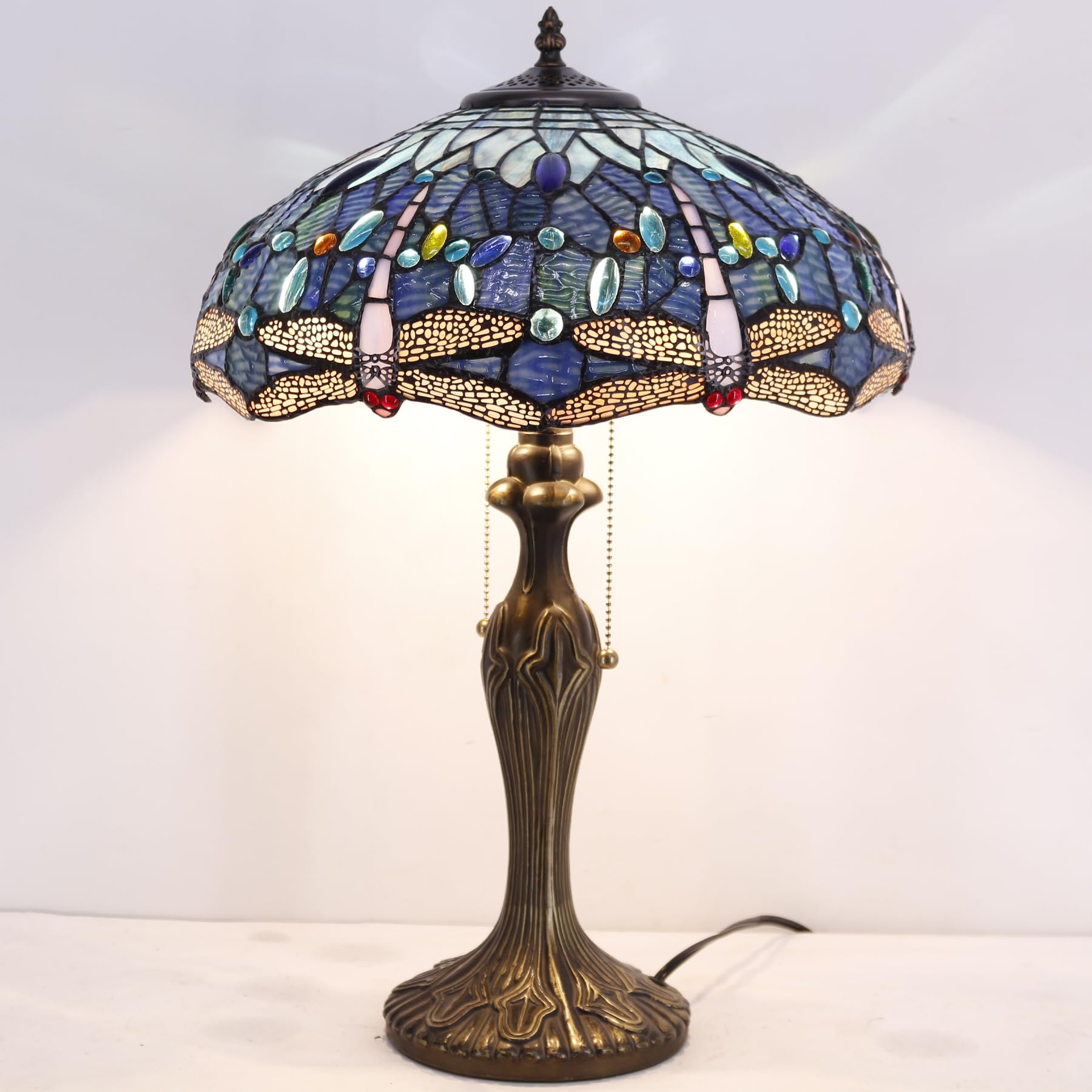 WERFACTORY Tiffany Style Dragonfly Stained Glass Table Lamp - 16x16x24 Inch Blue Bedside Reading Light with Metal Base for Bedroom, Living Room & Home Office (S631 Series) | Perfect for Cozy Ambiance, Study & Relaxation