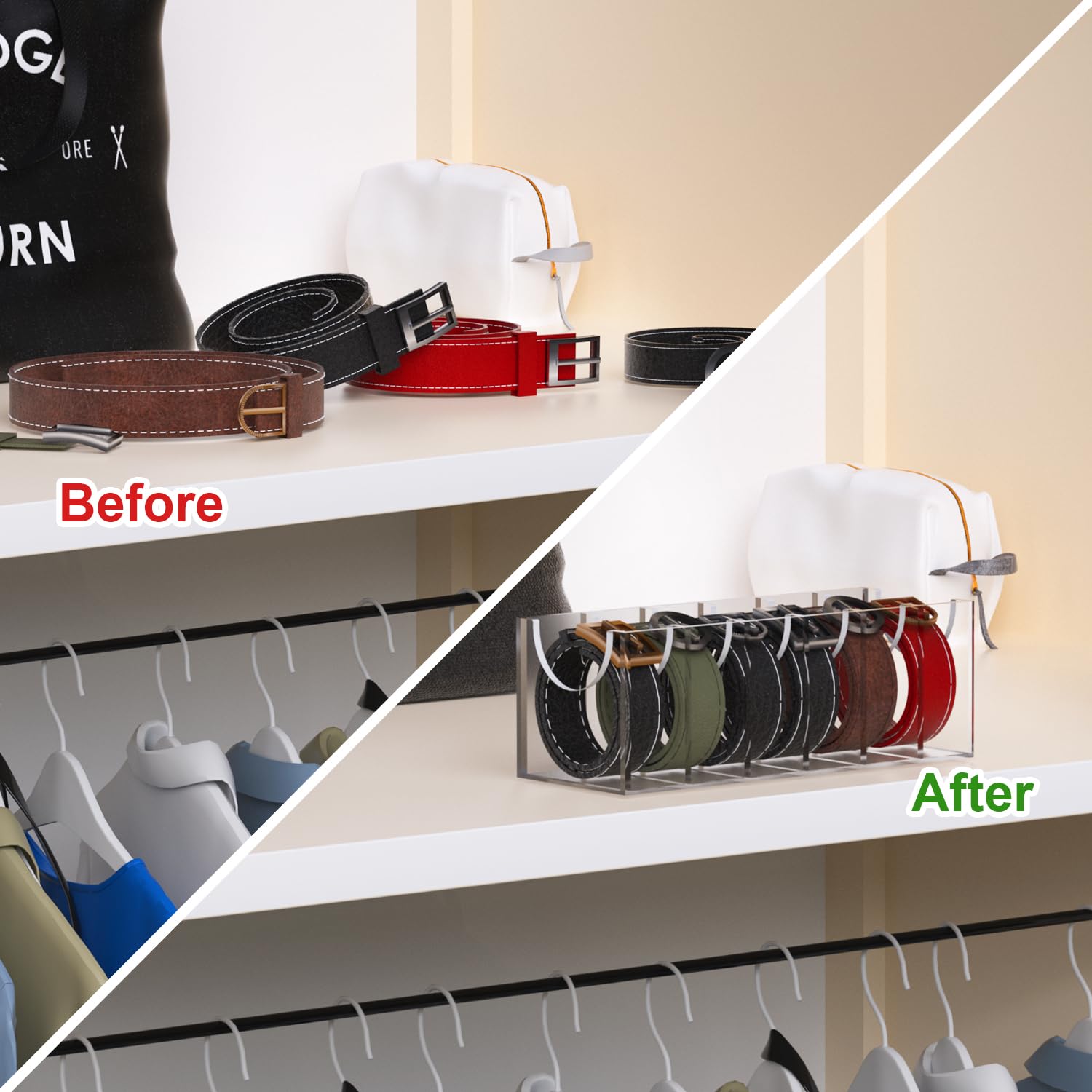 GTI Acrylic Belt Organizer - 6 Compartment Clear Storage Case for Ties, Bow Ties & Belts | Closet & Drawer Organizer for Men & Women | Perfect for Home, Office & Travel Organization