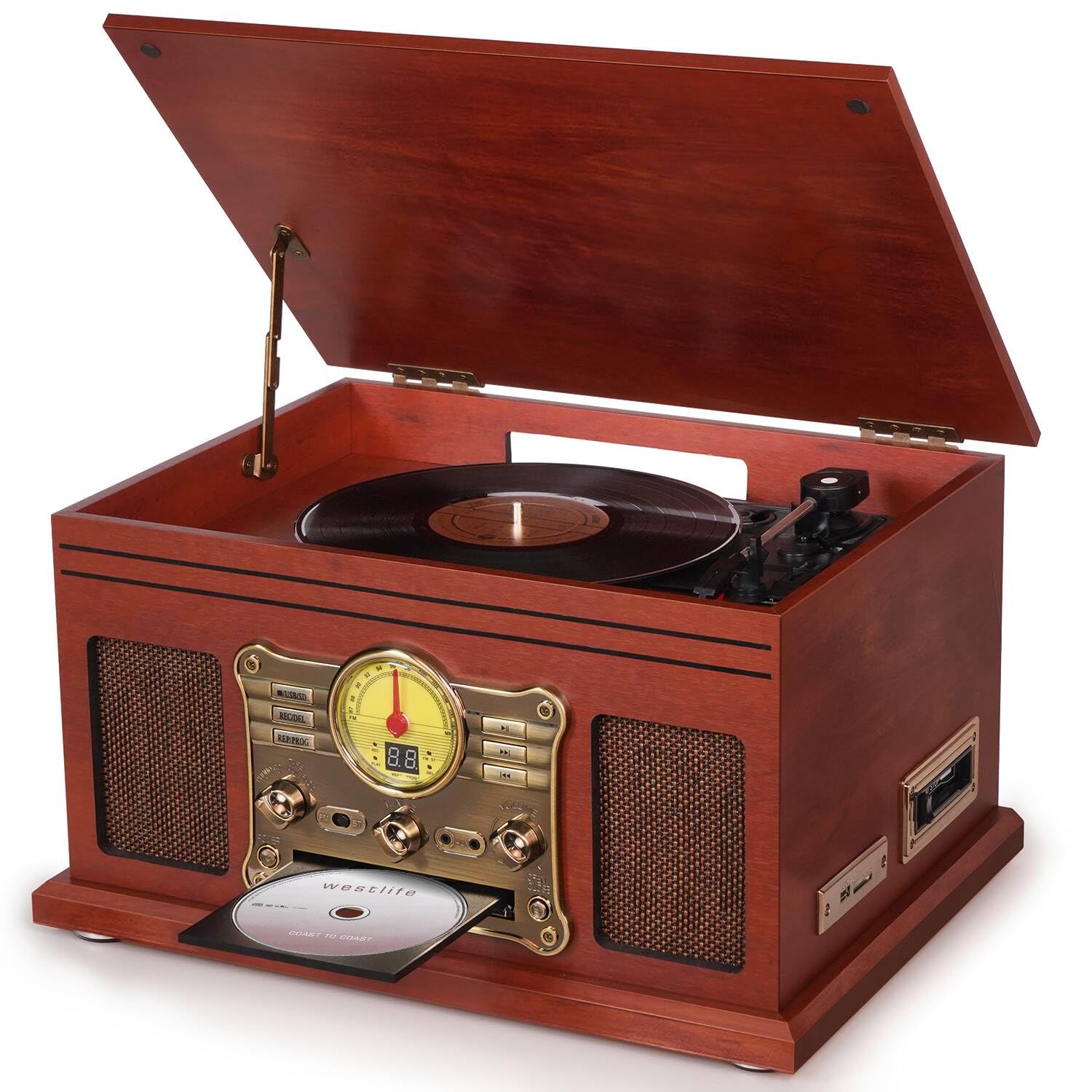 10-in-1 Bluetooth Record Player with 3-Speed Turntable - Vinyl to MP3 Converter, CD/Cassette Player, FM Radio & Wireless Streaming | Vintage Mahogany Wood Design for Home Entertainment & Music Lovers
