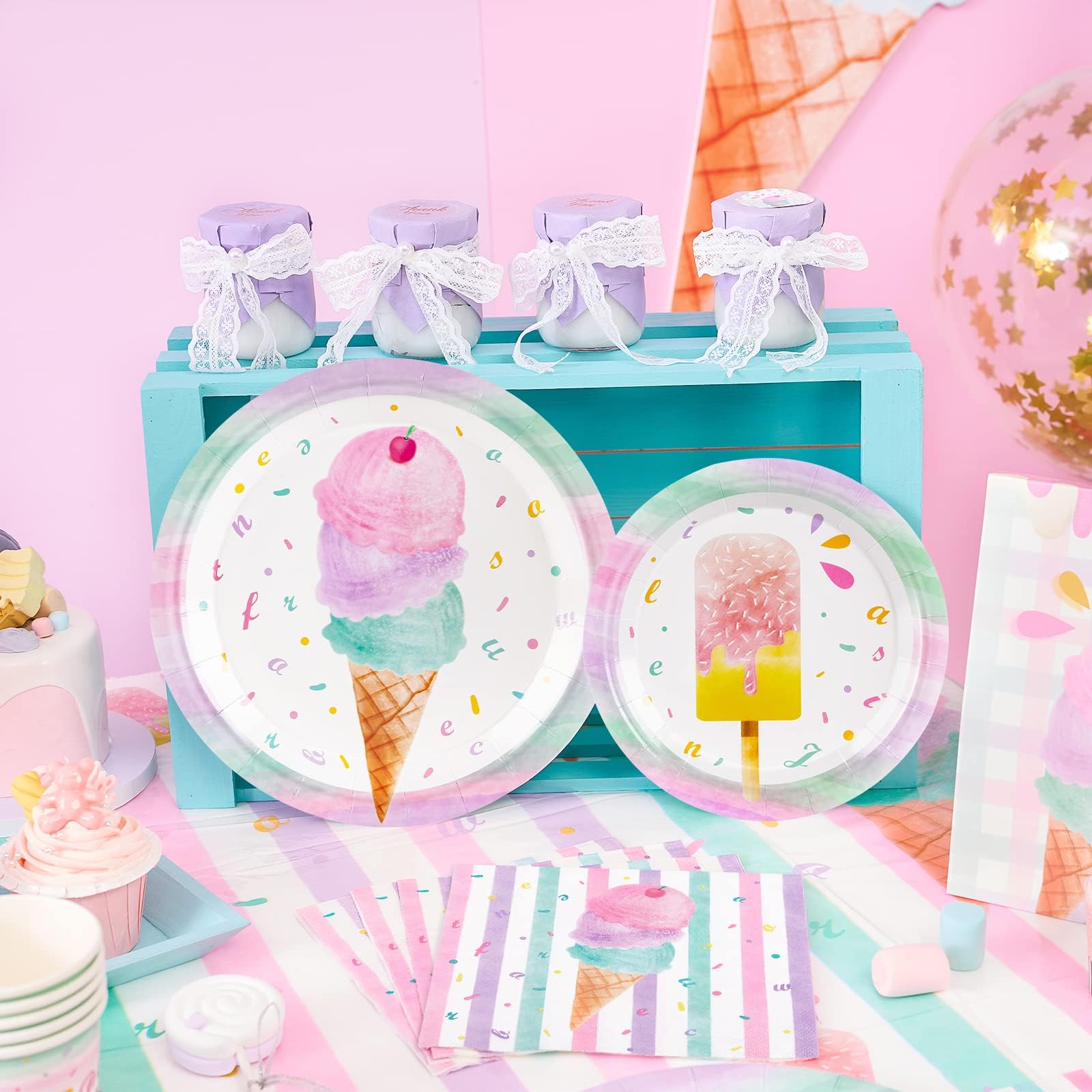 **WERNNSAI 153PCS Pink Ice Cream Party Supplies Set - Birthday Decorations for Girls with Banner, Balloons, Tablecloth, Plates, Cups, Napkins, Cutlery & Utensils (Serves 16 Guests) - Perfect for Summer Parties, Baby Showers & Birthday Celebrations**