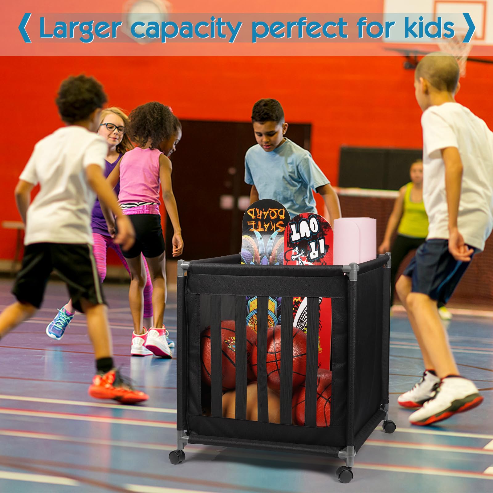 Lockable Rolling Sports Ball Storage Cart with Wheels - Portable Ball Organizer with Elastic Straps for Basketball, Soccer, Volleyball - Perfect for Garage, Gym, and Playroom Organization