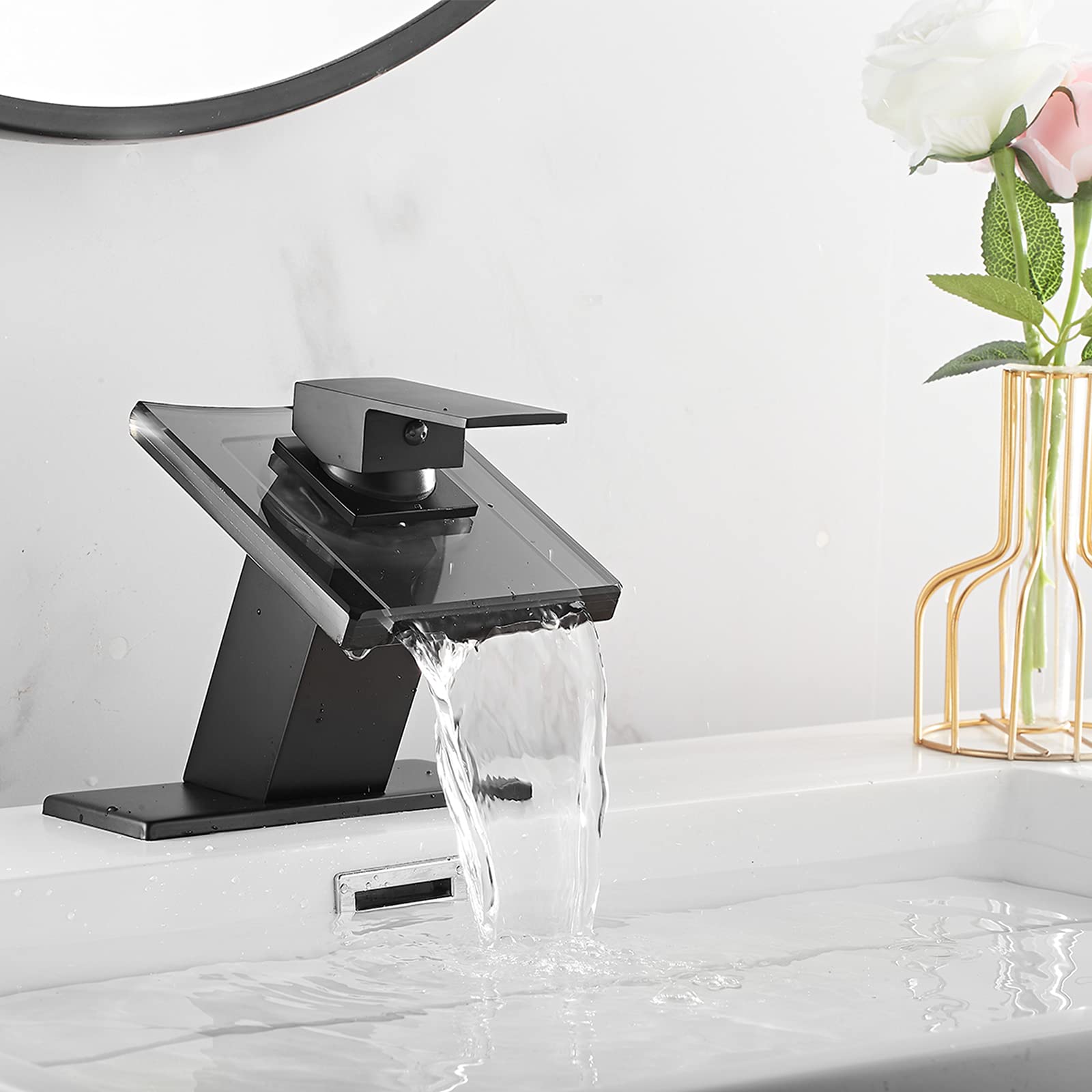 Modern Black Waterfall Bathroom Faucet - Single Handle 1 Hole Vessel Sink Faucet with Wide Glass Spout for Bathroom Vanity & Lavatory Sink - Perfect for Contemporary Home, Hotel, and Spa Decor