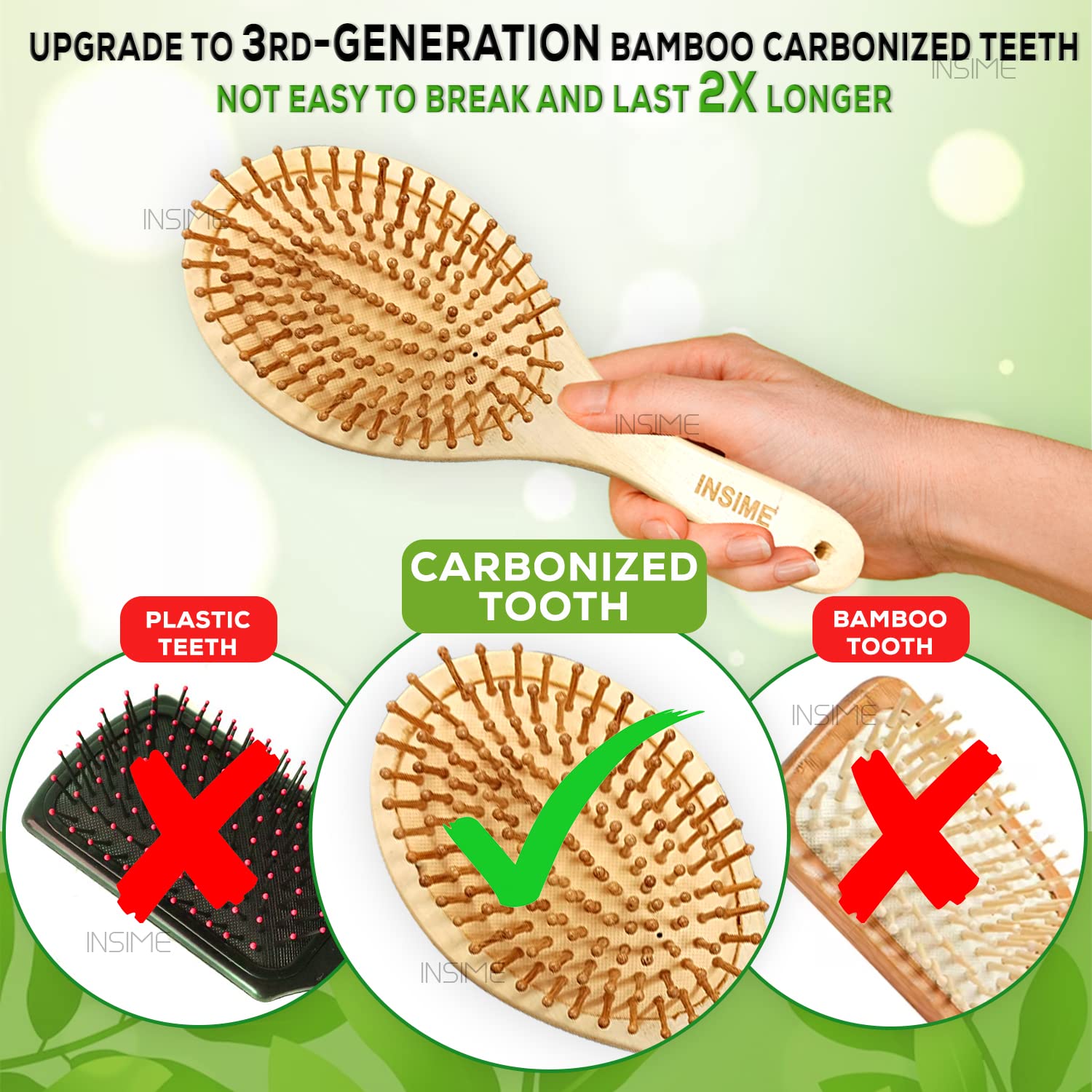 INSIME Bamboo Wooden Hair Brush for Women & Men - Natural Paddle Brush for Curly Hair & Hair Growth - Smooth Detangling Comb for Daily Styling & Scalp Massage - Perfect for Home, Travel & Salon Use