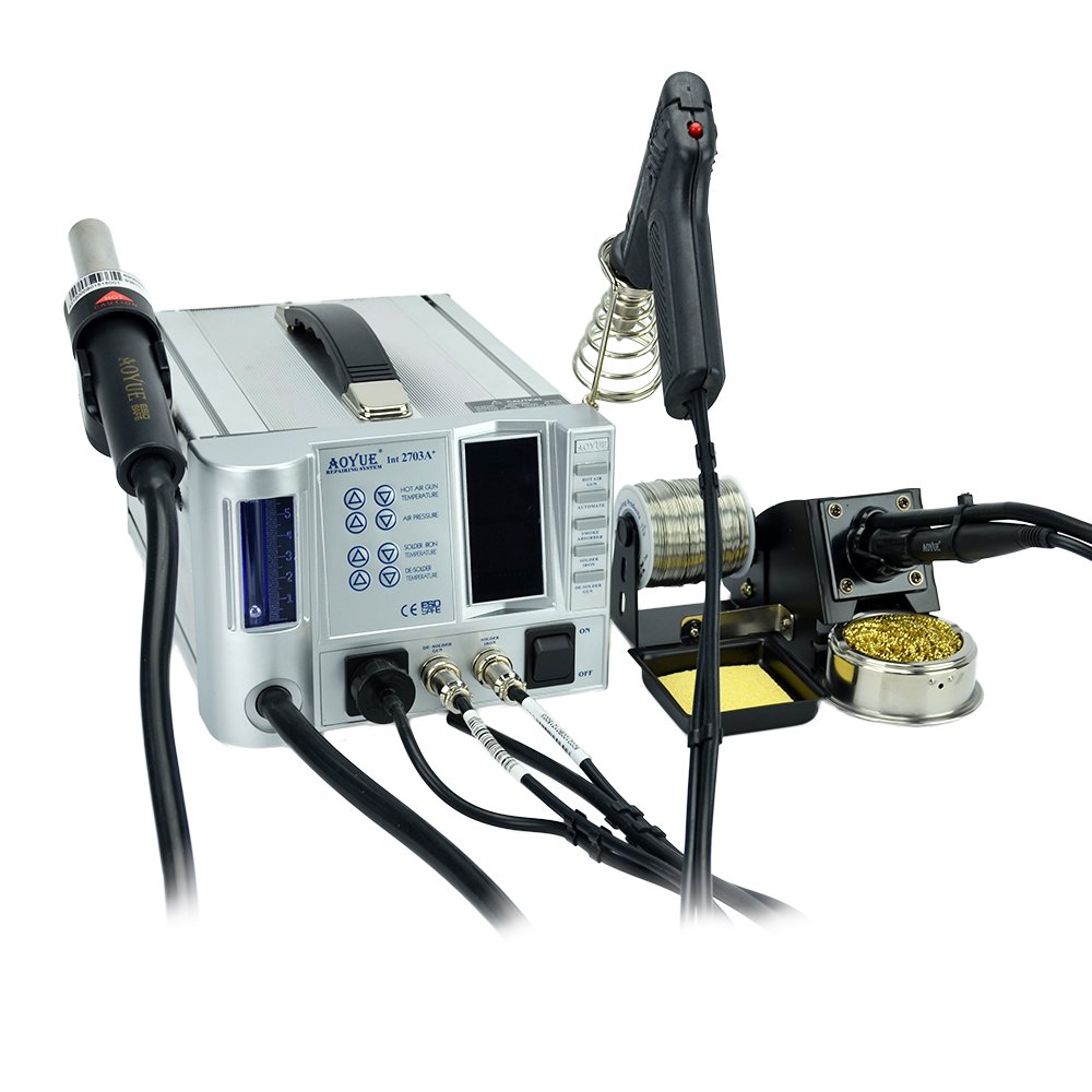 Professional Aoyue 2703A+ SMD Rework Station with Hot Air Gun, Soldering Iron & Desoldering Tool - Perfect for Electronics Repair, PCB Maintenance, and DIY Projects