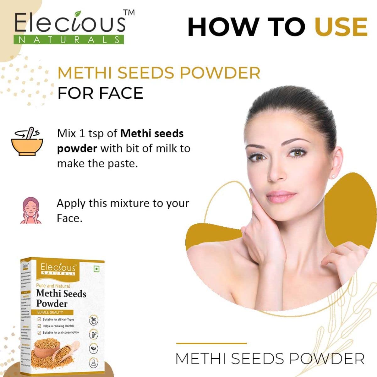 Elecious 100% Pure Natural Fenugreek Seed Powder (200g) - Promotes Hair Growth & Skin Care | Methi Powder for Healthy Hair, Glowing Skin & Culinary Use | Perfect for DIY Hair Masks, Face Scrubs & Cooking Recipes