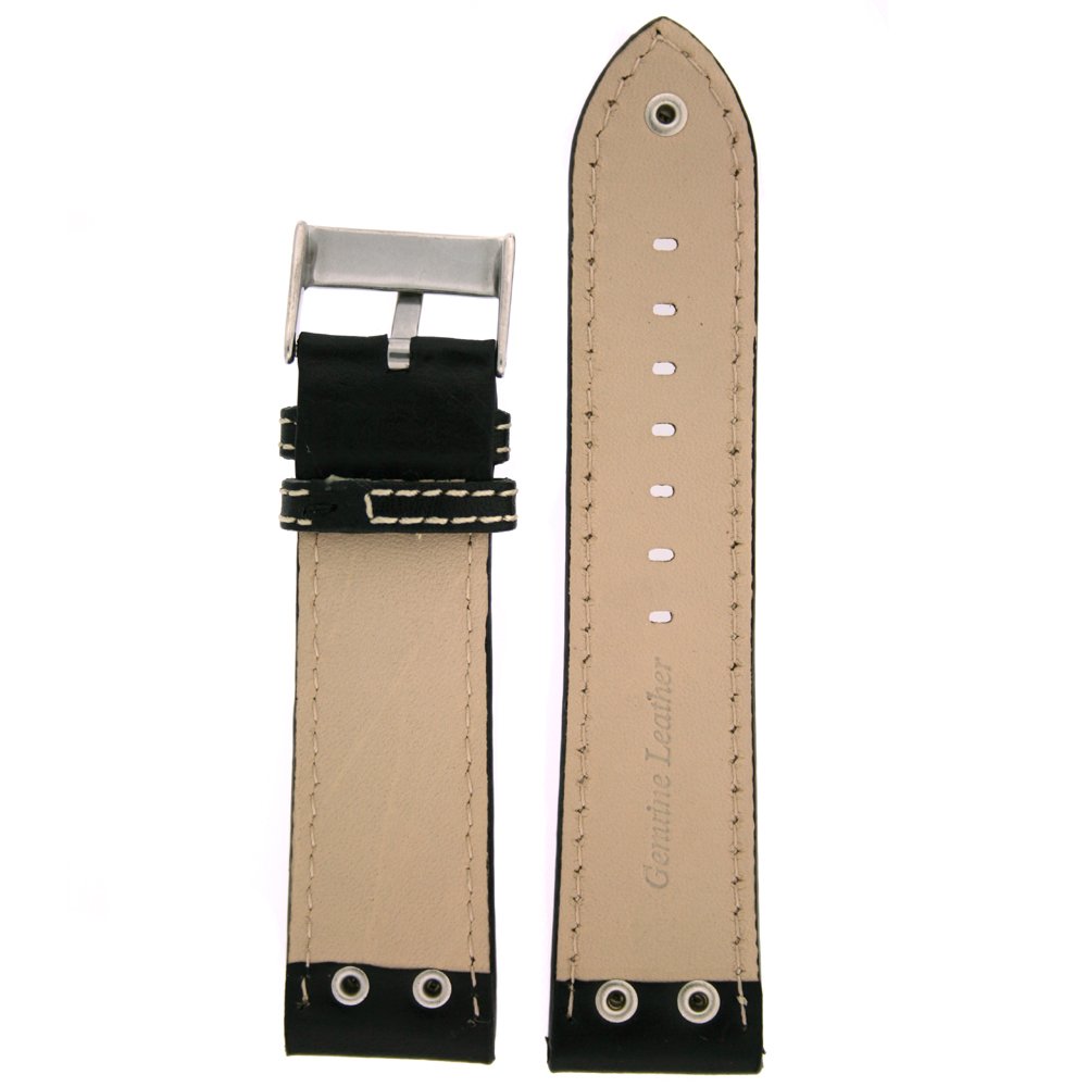 Premium Pilot Watch Band with Silver-Tone Rivets - 24mm Black Leather Strap for Men - Perfect for Aviation Enthusiasts & Everyday Wear