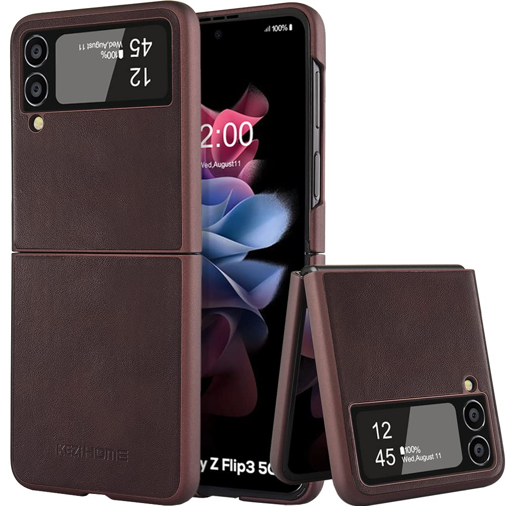 Premium Genuine Leather Samsung Galaxy Z Flip 3 Case - Ultra Thin Slim Protective Cover for Samsung Z Flip 3 5G (2021) | Durable Minimalist Design | Perfect for Business & Travel (Coffee)