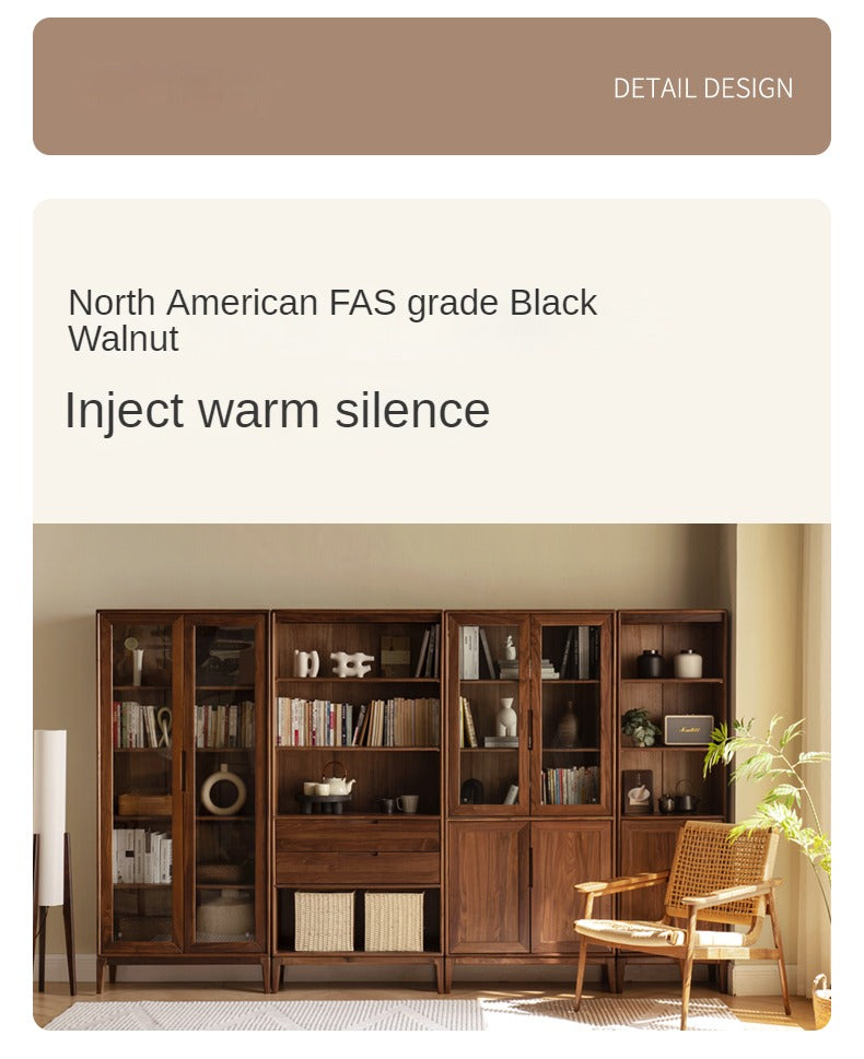 Premium Black Walnut & Ash Solid Wood Bookcase with Dust-Proof Glass Doors - Stylish Home Office & Living Room Storage Solution