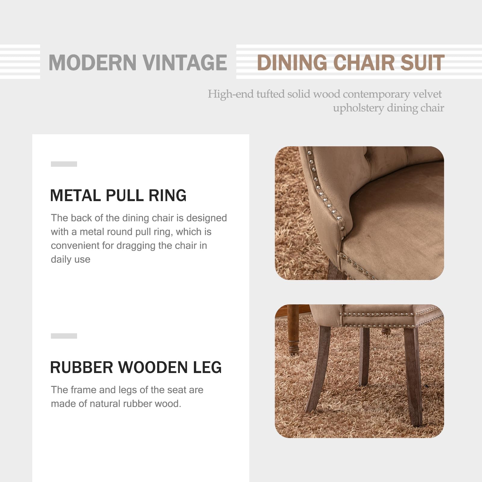 4 Velvet Upholstered Dining Chairs Set with Ring Pull Trim & Button Back - Modern Comfortable Seating for Kitchen, Bedroom & Living Room (Khaki) | Perfect for Home Dining, Entertaining Guests & Cozy Reading Nooks