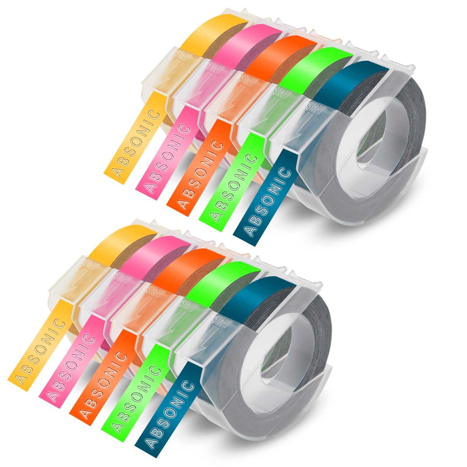 Absonic 10-Pack 9mm Embossing Label Tapes - Compatible with Dymo 3D Embossing Label Maker, Organizer Xpress Pro, Office Mate 1540 - Fluorescent Green, Pink, Orange, Lake Blue, Yellow - Perfect for Office Organization, File Labeling & Craft Projects