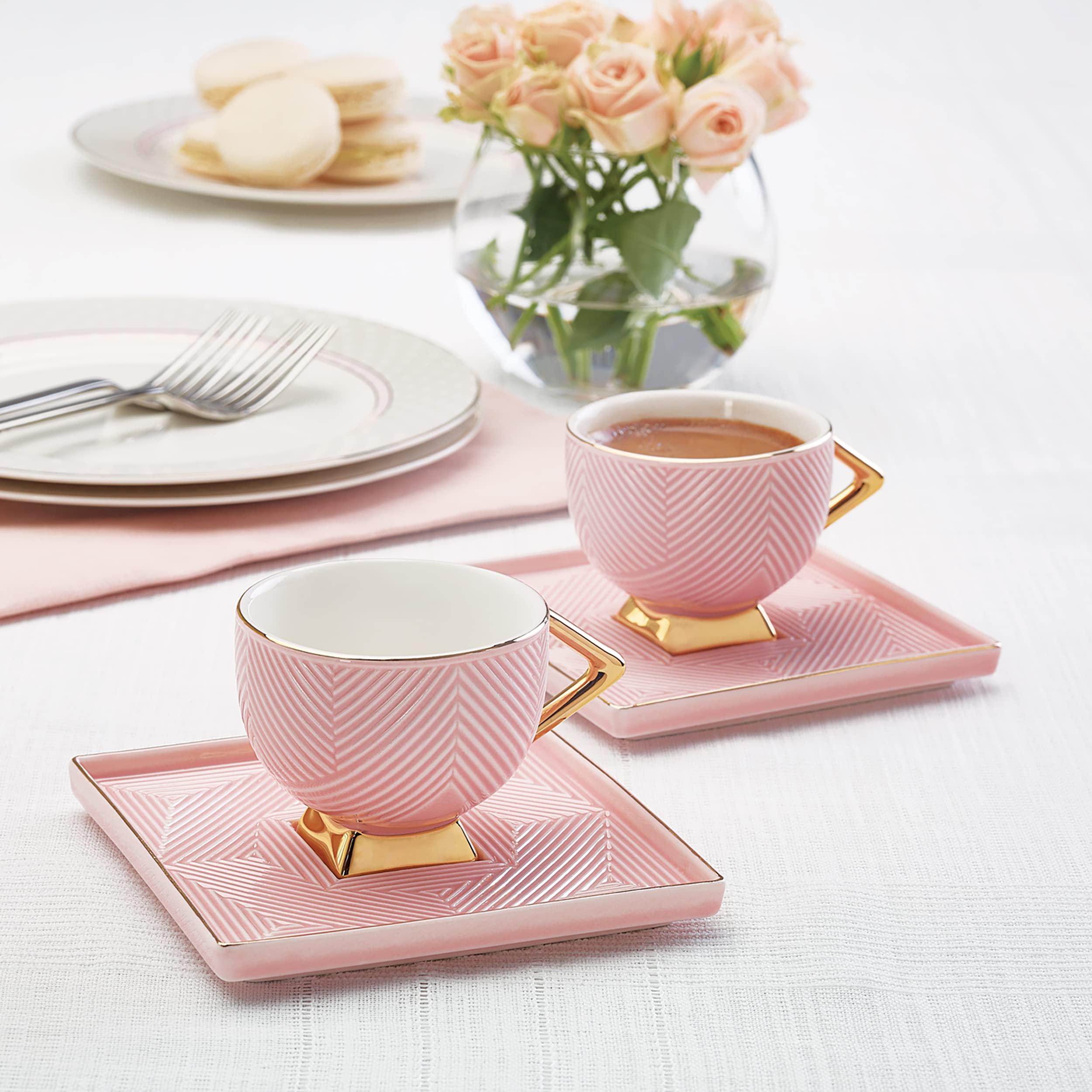KARACA Art Deco Pink 4-Piece Porcelain Espresso Cups Set with Saucers - Durable Mocha Cups for 2 People, Thick Rim Coffee Cups for Home, Cafe & Gifts | Perfect for Espresso, Cappuccino & Latte
