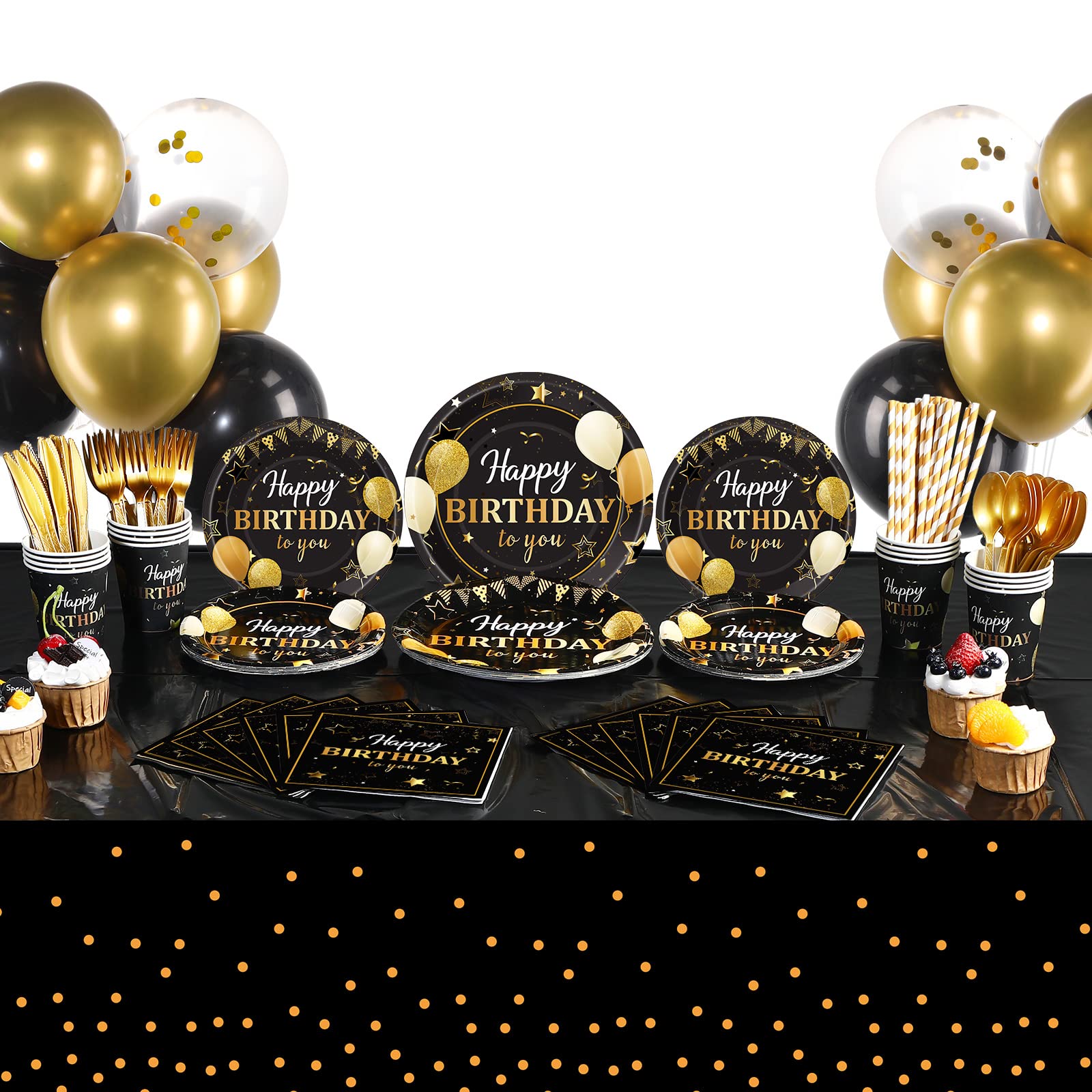 Black and Gold Birthday Decorations for Men & Women - Anniversary Balloons, Tablecloth & Tableware Set - Perfect for Parties, Celebrations & Guest Entertainment