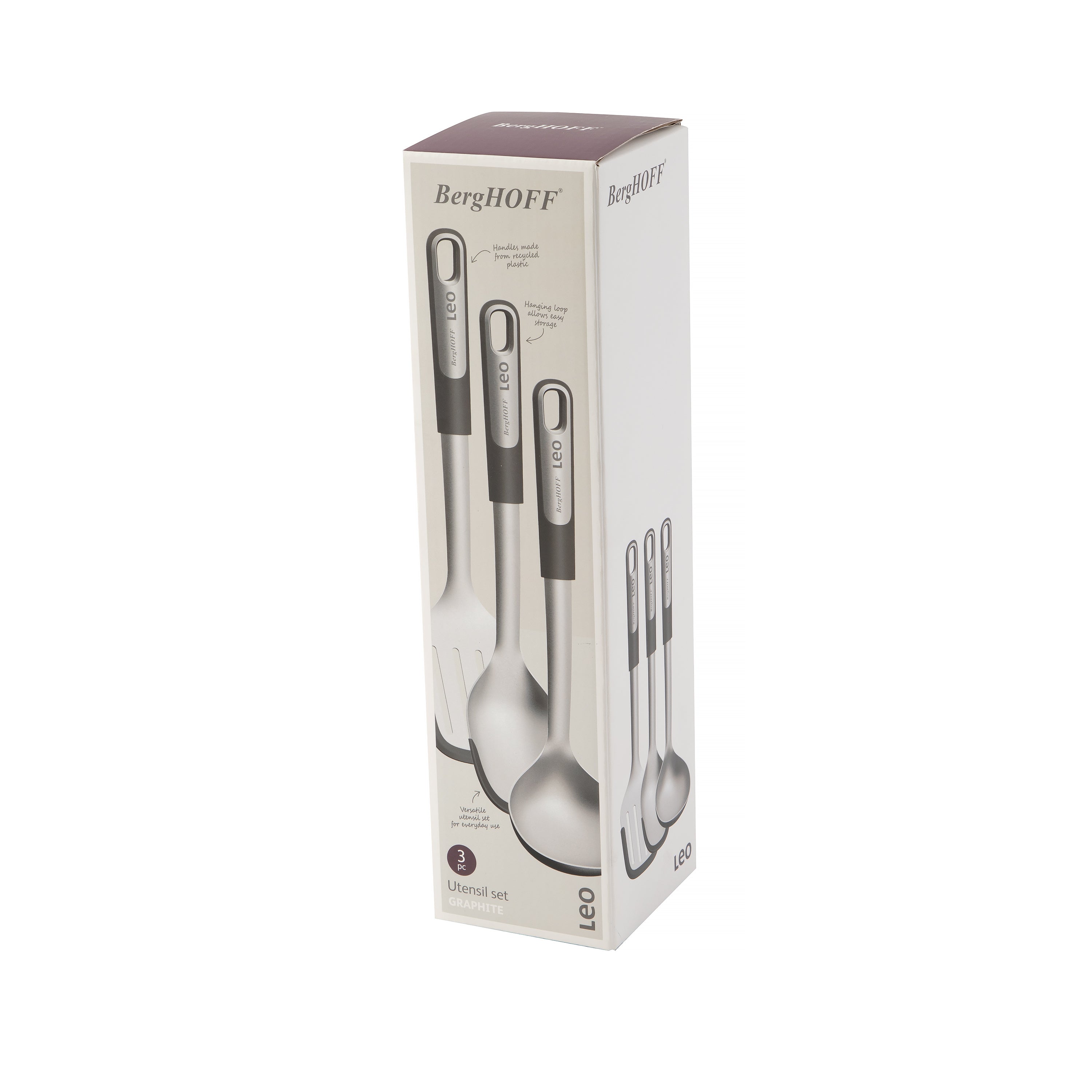 BergHOFF Leo Graphite 3-Piece Stainless Steel Utensil Set - Eco-Friendly Recycled Material for Cooking, Serving & Kitchen Decor