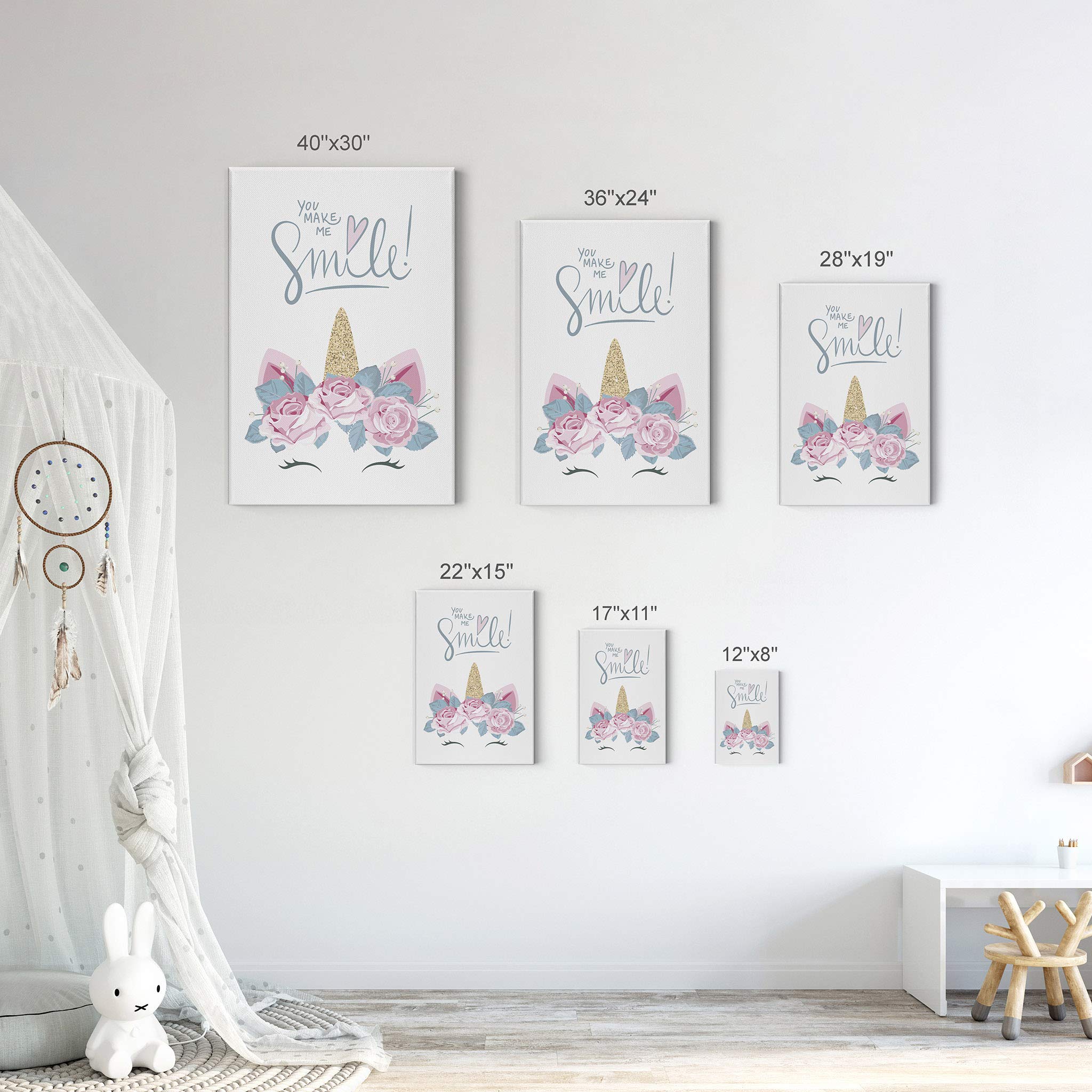 Golden Horn Unicorn with Pink Flowers Canvas Print - Inspirational Quote Wall Art for Kids Room, Nursery & Baby Room Decor - Ready to Hang 12x8 Inch Made in USA | Perfect Birthday Gift & Bedroom Wall Decoration
