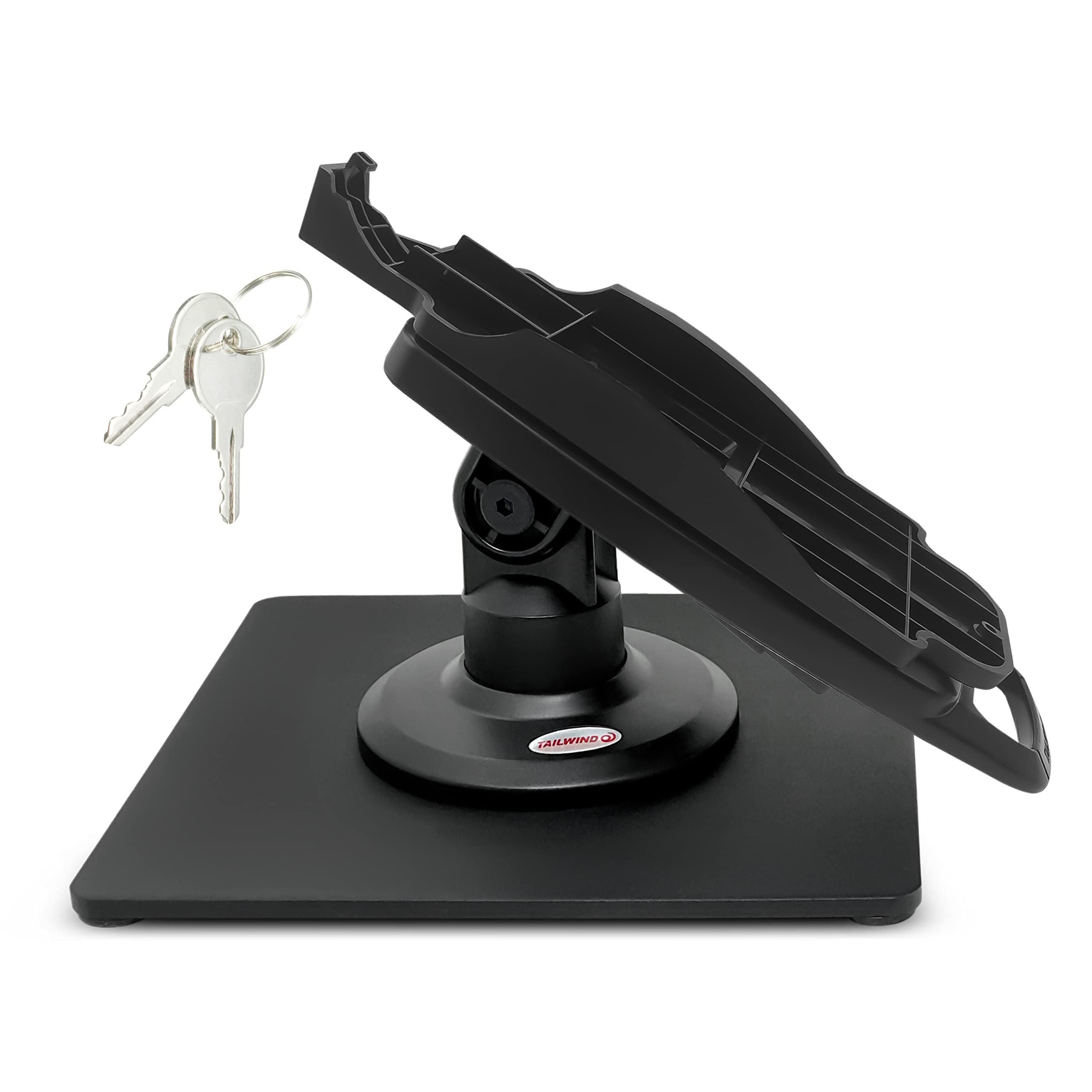 ENS Tailwind Pax S80 3-Inch Latch & Key Lock Compact Pole Mount Terminal Stand with Square Freestanding Base - Black | Secure Payment Kiosk for Retail Stores, Gas Stations & Outdoor Use