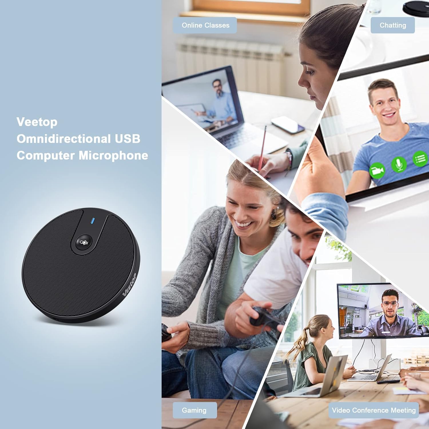 Veetop USB Conference Microphone for PC Laptop - 360° Omnidirectional Condenser Mic with Mute Button & Plug & Play - 3.5mm Aux Jack - Ideal for Zoom Meetings, Skype Calls, Webinars & Podcast Recording - Perfect for Home Office, Remote Work & Online Classes