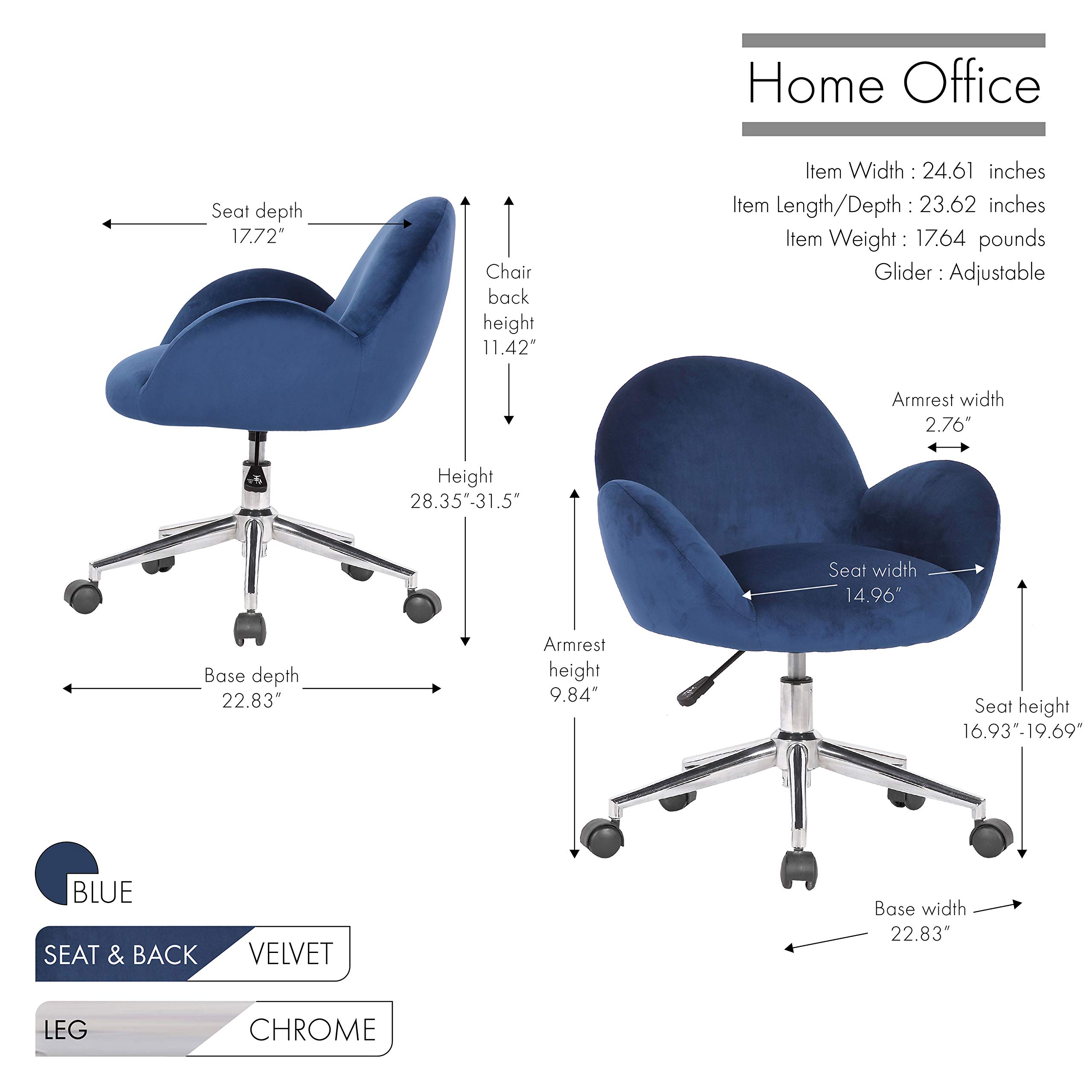 Porthos Home Quon Swivel Office Chair - Soft Velvet Upholstery, Adjustable Height, Rounded Low Back & Chrome Metal Base with Roller Casters | Ergonomic Desk Chair for Home Office, Study Room & Workspace