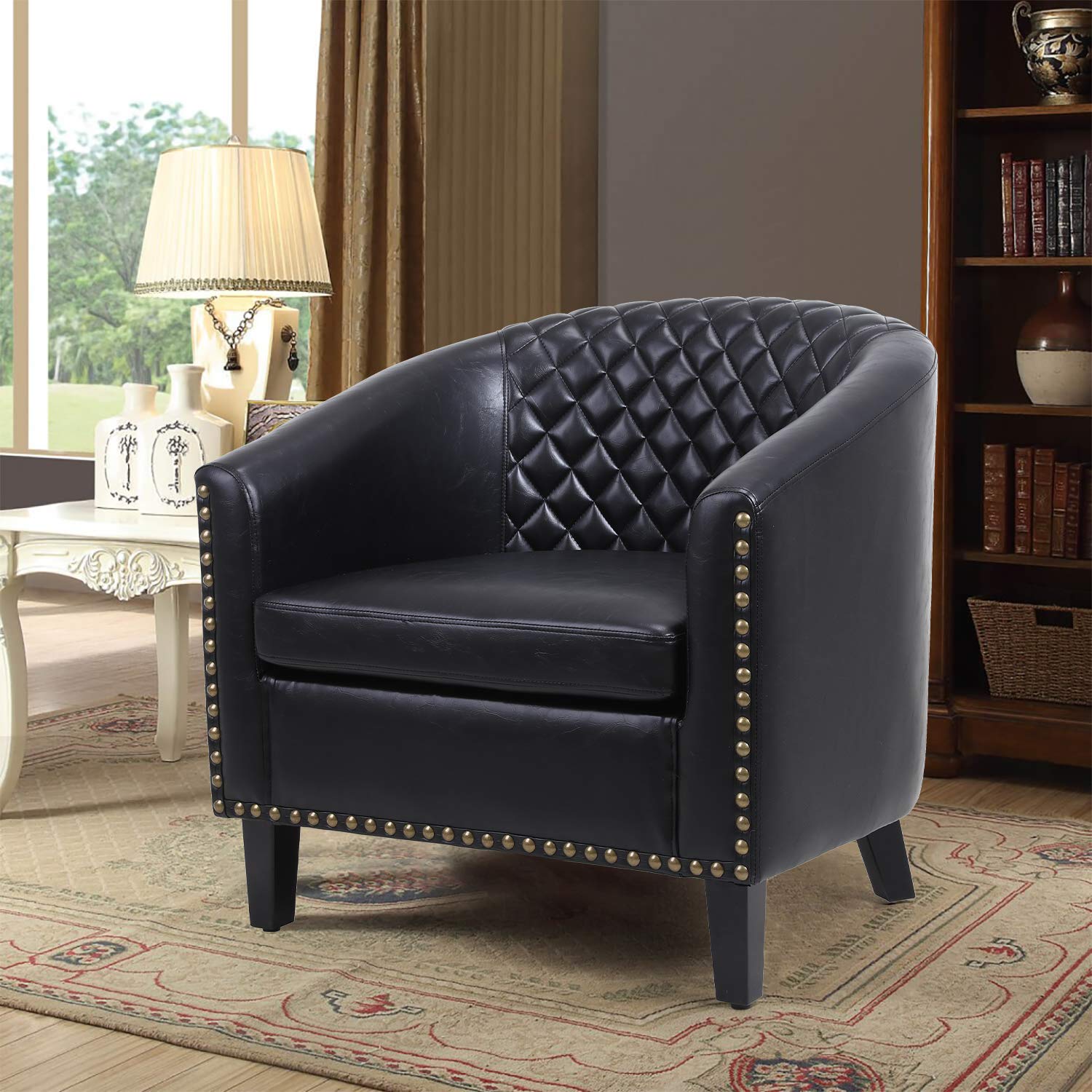 HomVent Accent Barrel Chair - Faux Leather Upholstered Arm Club Chair with Nailhead Trim & Solid Wood Legs, Tub Barrel Style for Living Room, Bedroom, Reception - Perfect for Cozy Reading Nooks & Elegant Home Decor (Black)