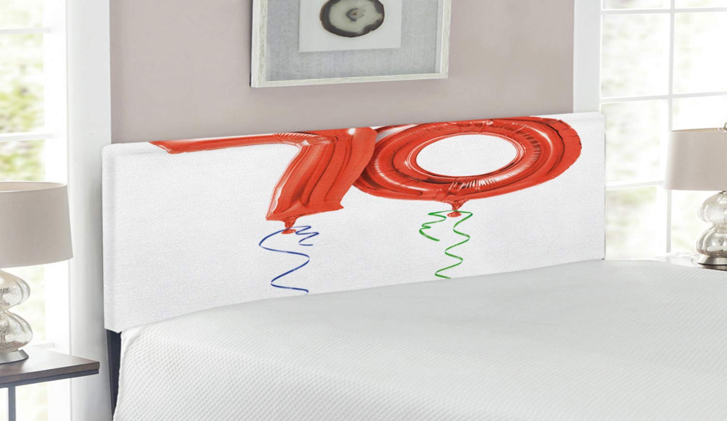 Ambesonne 70th Birthday Headboard - Queen Size Upholstered Metal Bed Frame with Memory Foam | Flying Balloons Party Design in Orange, Green & Blue | Perfect for Birthday Decorations & Bedroom Makeovers