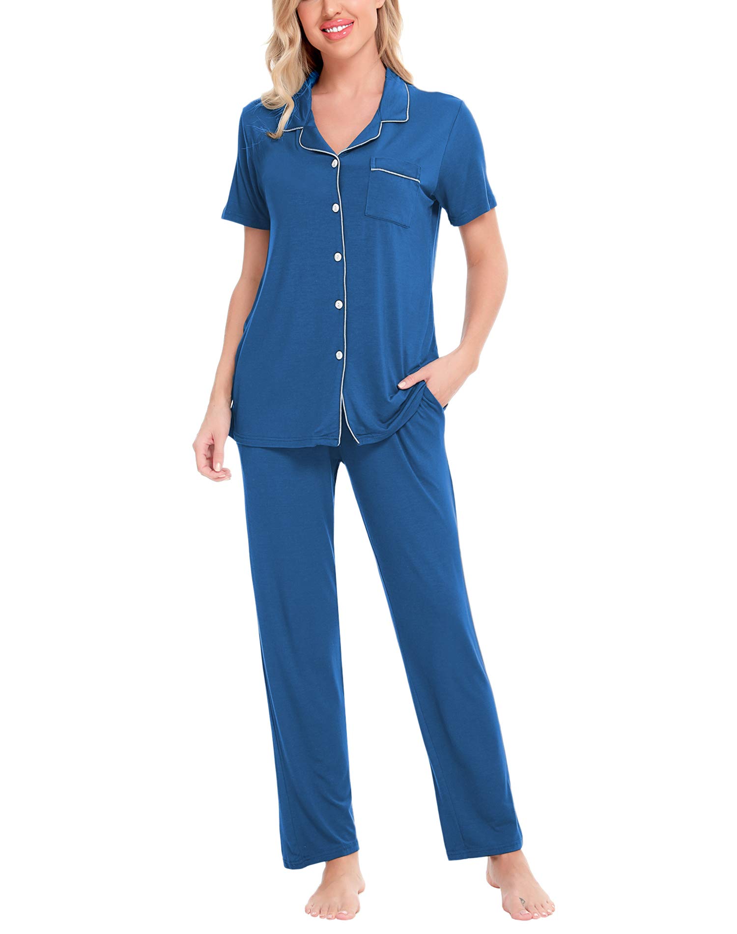 SWOMOG Women's 2-Piece Pajama Set - Soft Short Sleeve Button Down Sleepwear & Lounge Pants Set - Comfy Nightwear for Relaxing at Home, Sleepovers & Vacation