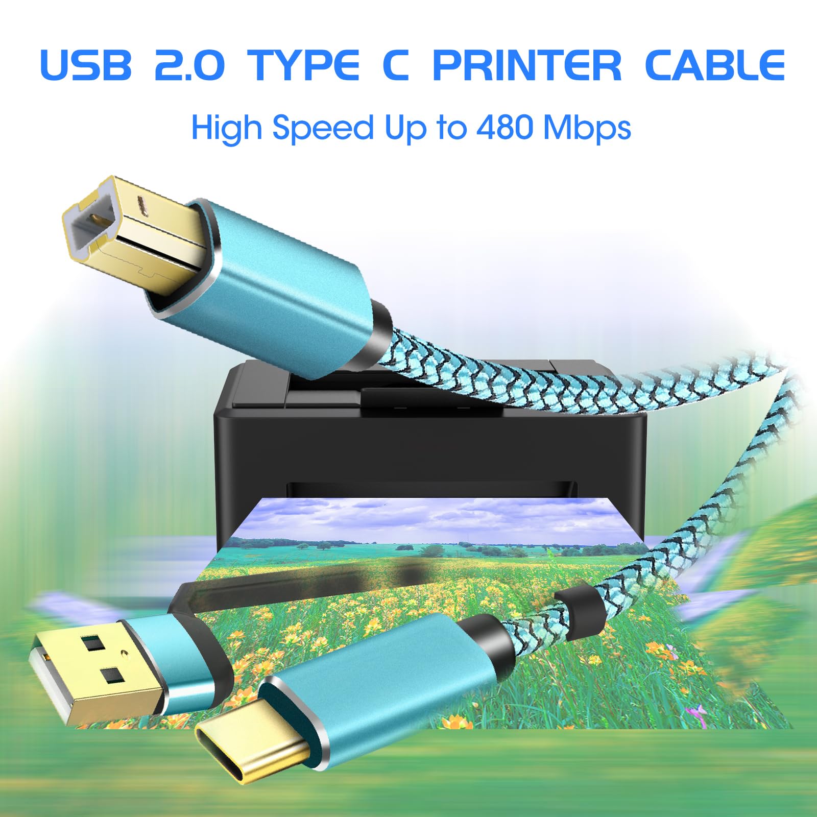 10FT USB Printer Cable - High-Speed Nylon Braided USB A to USB B Cord for HP, Canon, Epson, Dell, Brother Printers & Yamaha MIDI Controllers | Durable & Tangle-Free | Perfect for Home Office, Studio & School Use