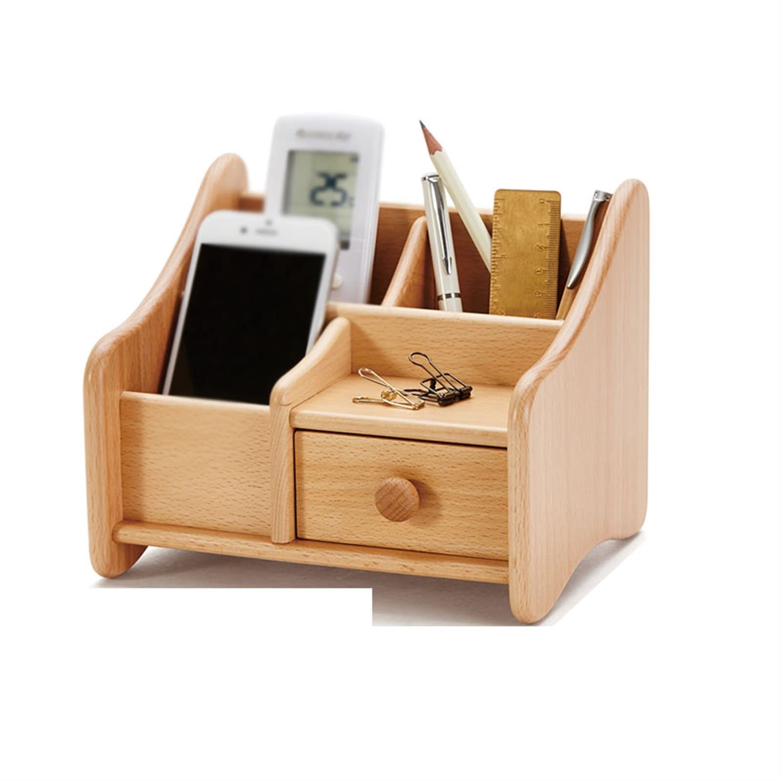 Wooden Multi-Function Pen Holder with Drawer - Office & Study Desktop Organizer for Pens, Pencils, Brushes & Business Cards | Perfect for Home Office, School Desk & Craft Room Organization (Color A)