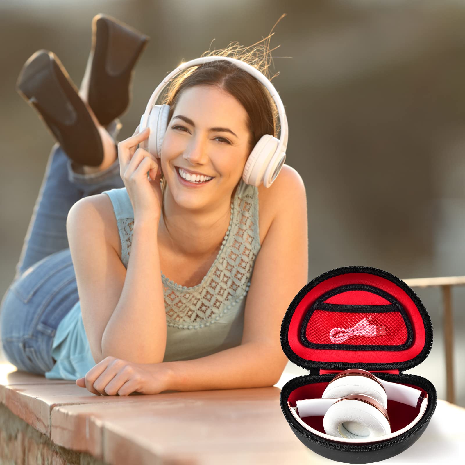 Beats Headphones Hard Travel Case - Compatible with Solo 4, Studio Pro, Solo3, Studio3, Solo2 & Solo Pro - Protective Storage Box with Mesh Pocket for Bluetooth Headphones (Black+Red Interior) - Perfect for Travel, Gym & Daily Storage